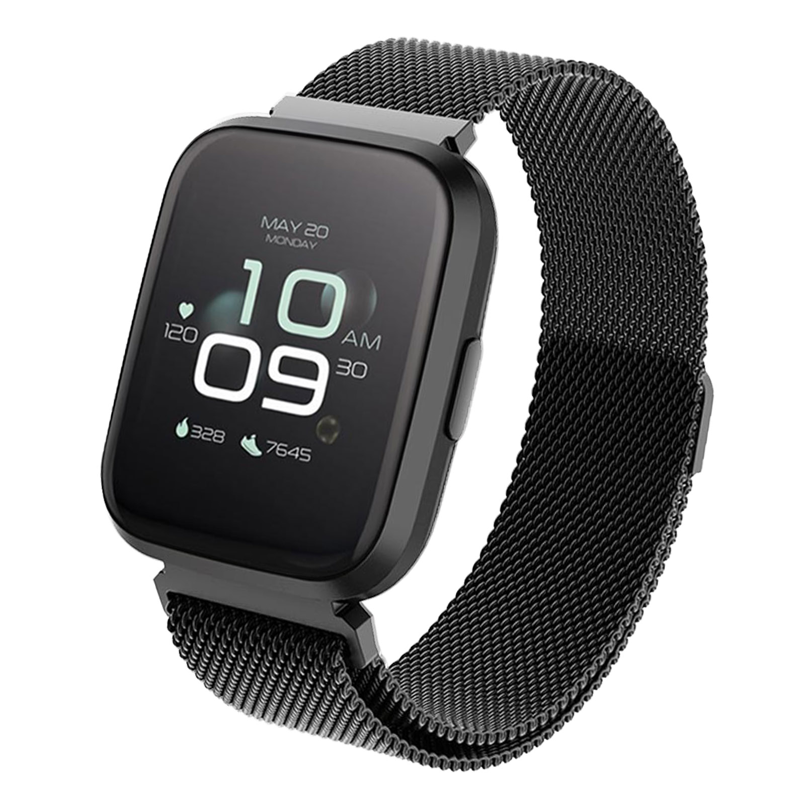 Smartwatch nera su sfondo bianco, mostra ora e statistiche. Cinturino a maglia.