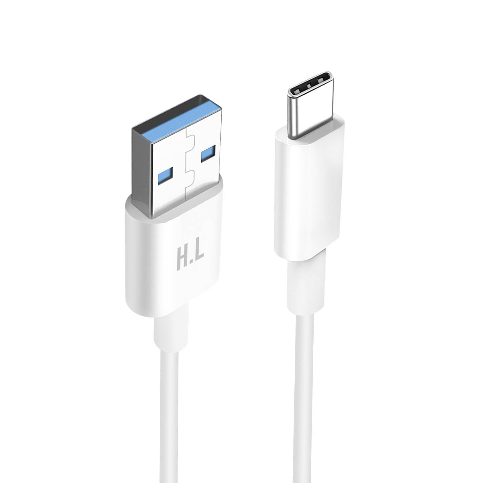 Un cavo di ricarica da USB a USB-C bianco. L'estremità USB è blu.