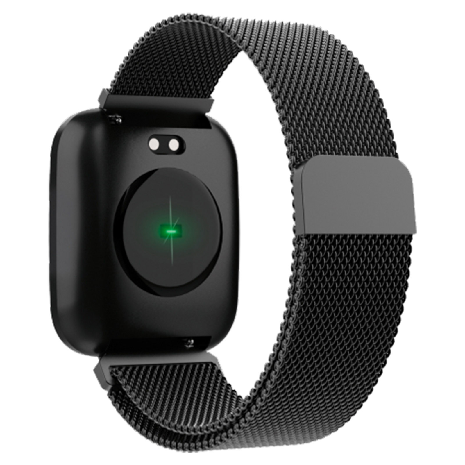 Retro di smartwatch nero con luce verde, cinturino a maglia visibile.