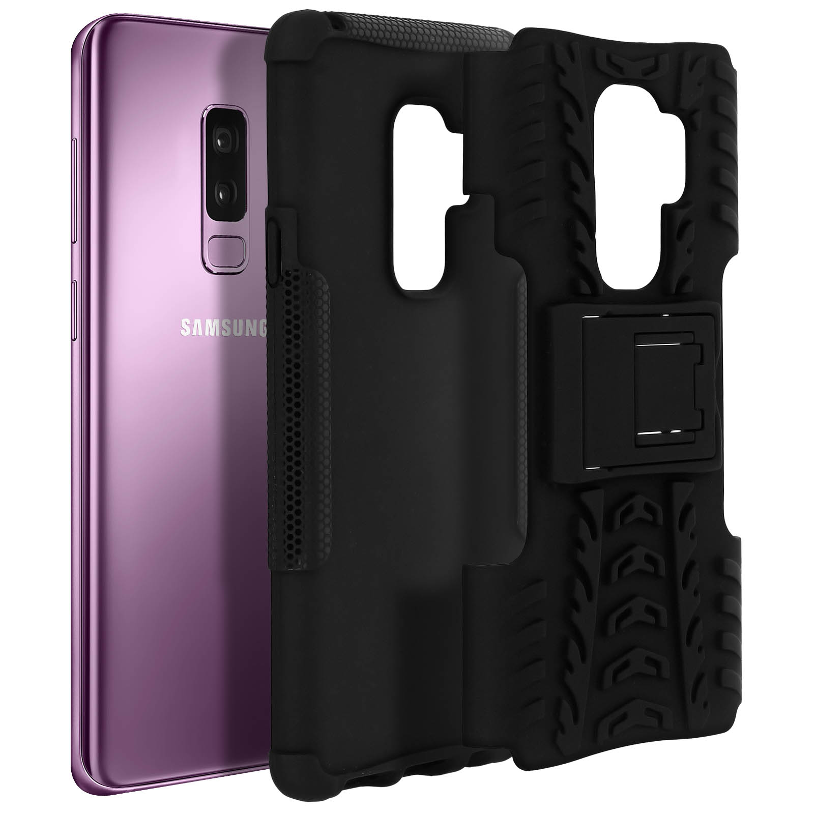 Un telefono viola con una custodia nera accanto. La custodia ha un supporto.