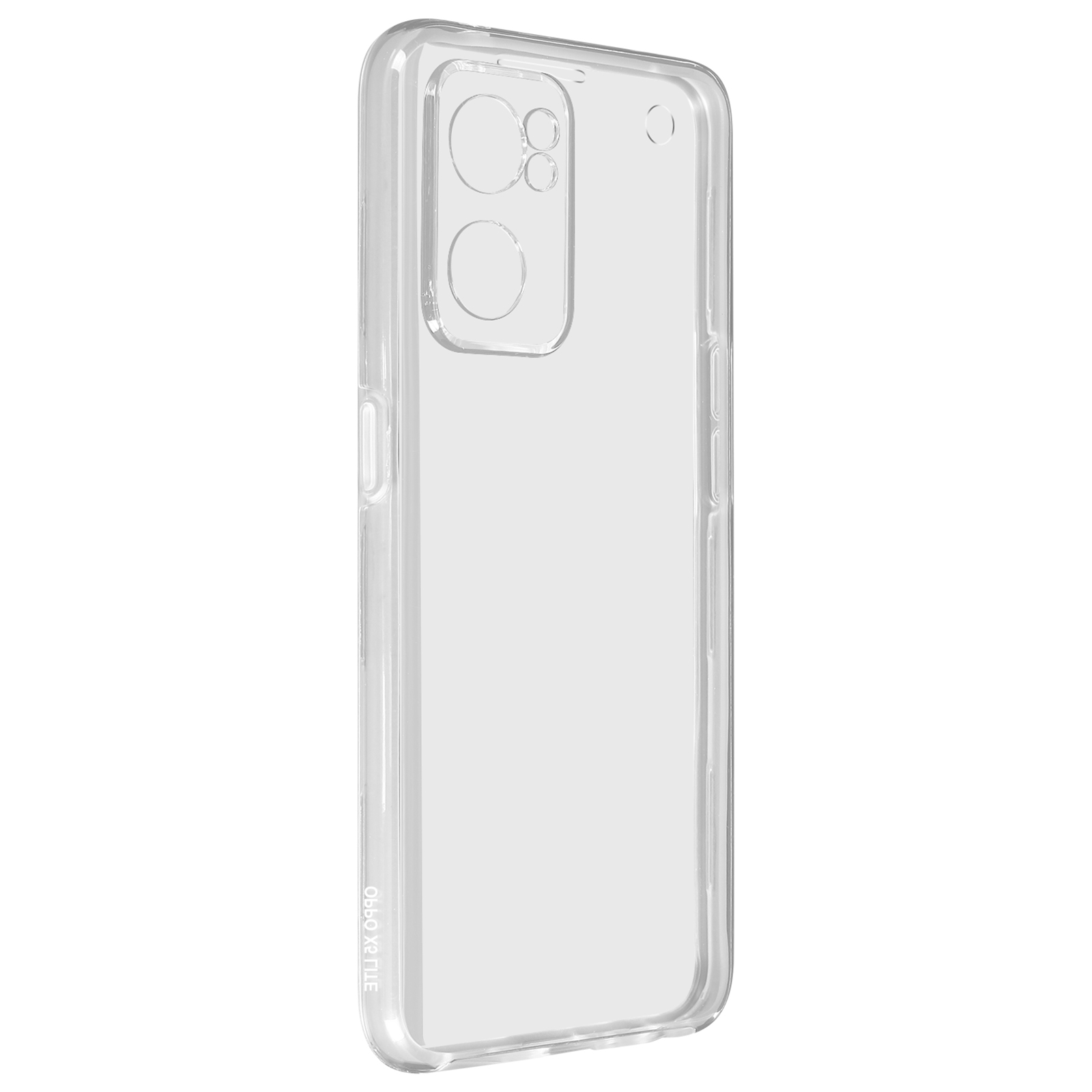 Un étui de téléphone transparent avec des découpes pour l'appareil photo et les boutons. Il est transparent.