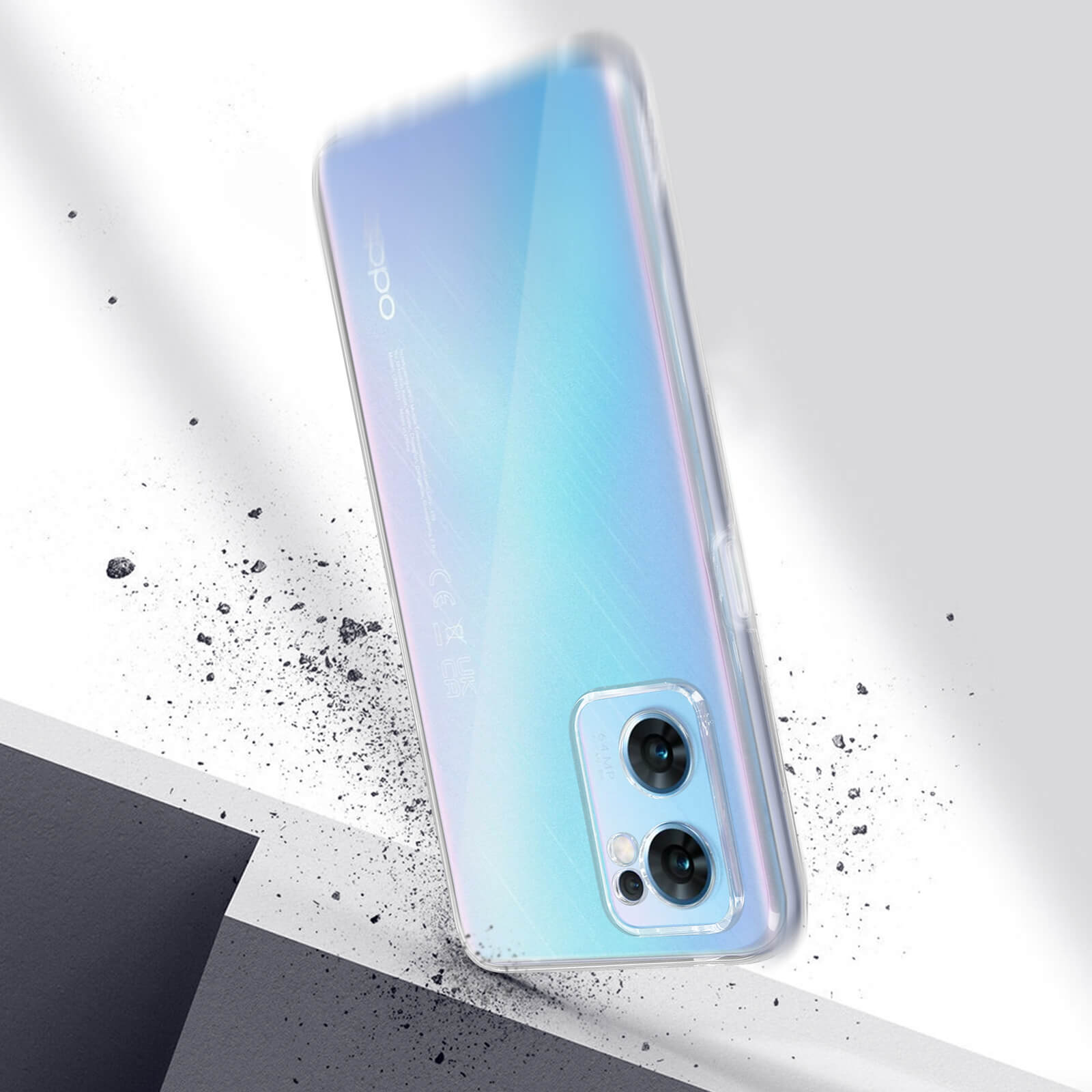 Un étui de téléphone transparent avec un téléphone bleu/violet. Le téléphone tombe, fond blanc.