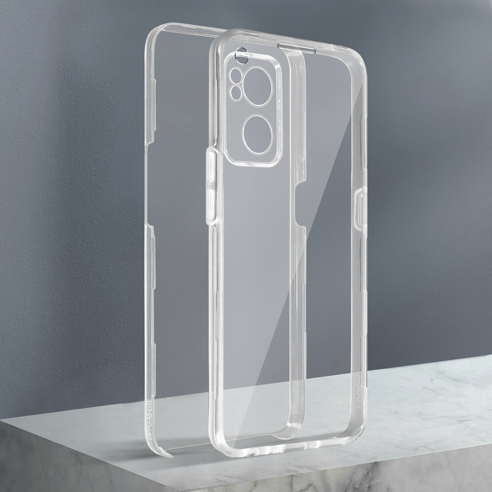 Transparante telefoonhoes, uitsparing camera zichtbaar. Grijze achtergrond.