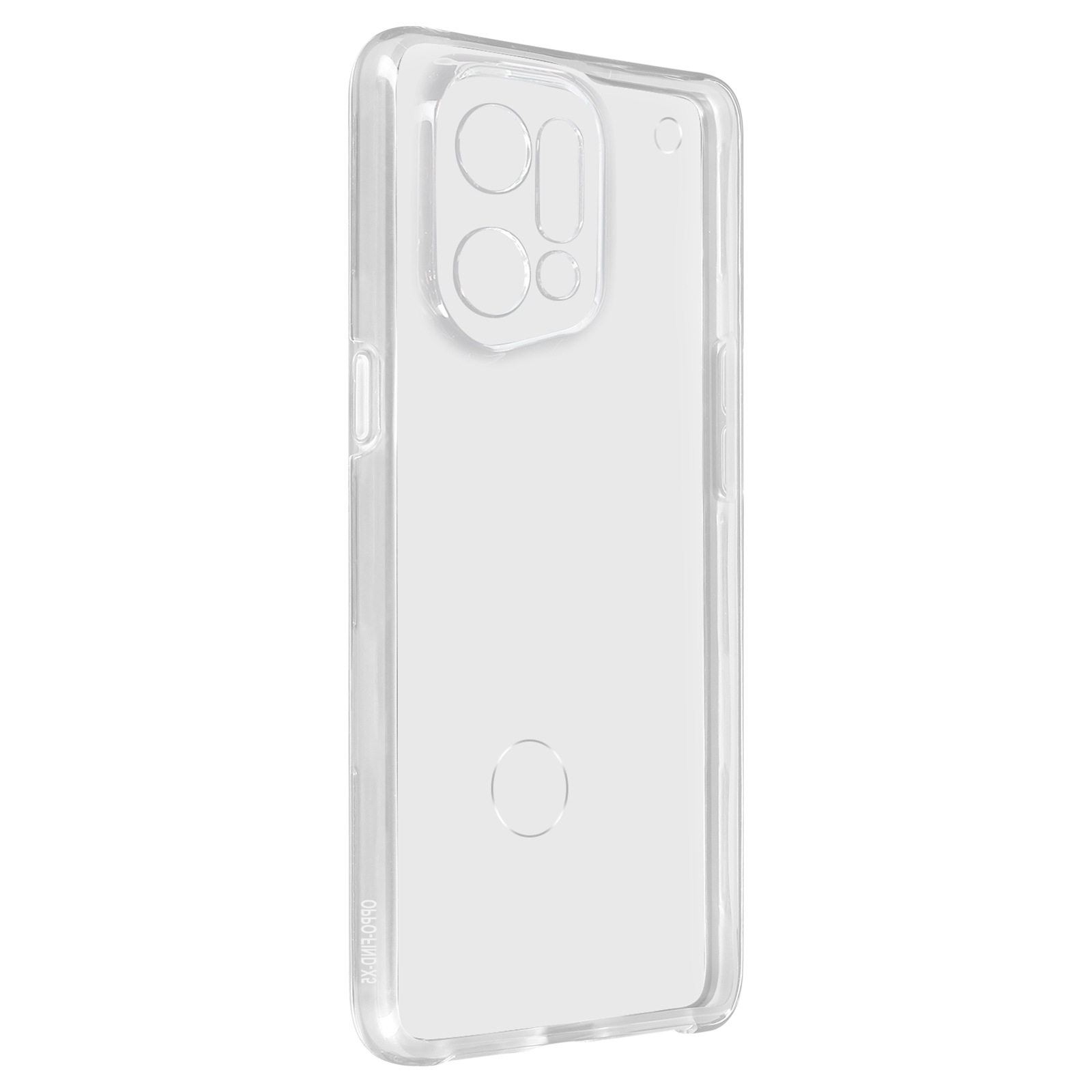 Custodia trasparente per telefono. La custodia ha ritagli per la fotocamera. Sfondo bianco. Mostra il retro di un telefono.