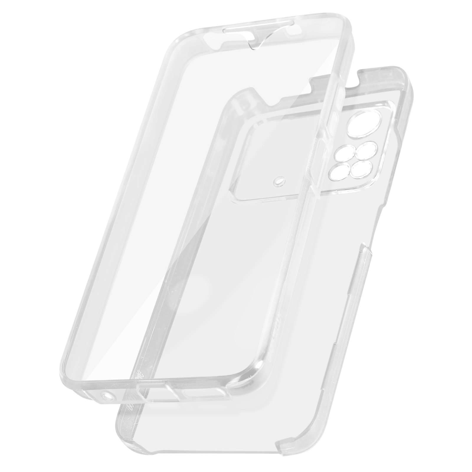 Coque de téléphone transparente, en deux parties. L'une recouvre l'écran, l'autre le dos. Les deux sont transparentes.