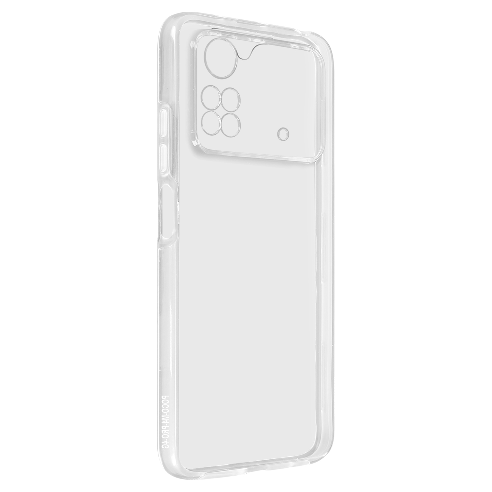 Une coque de téléphone transparente, montrant les découpes de l'appareil photo. La coque est sur un fond blanc.