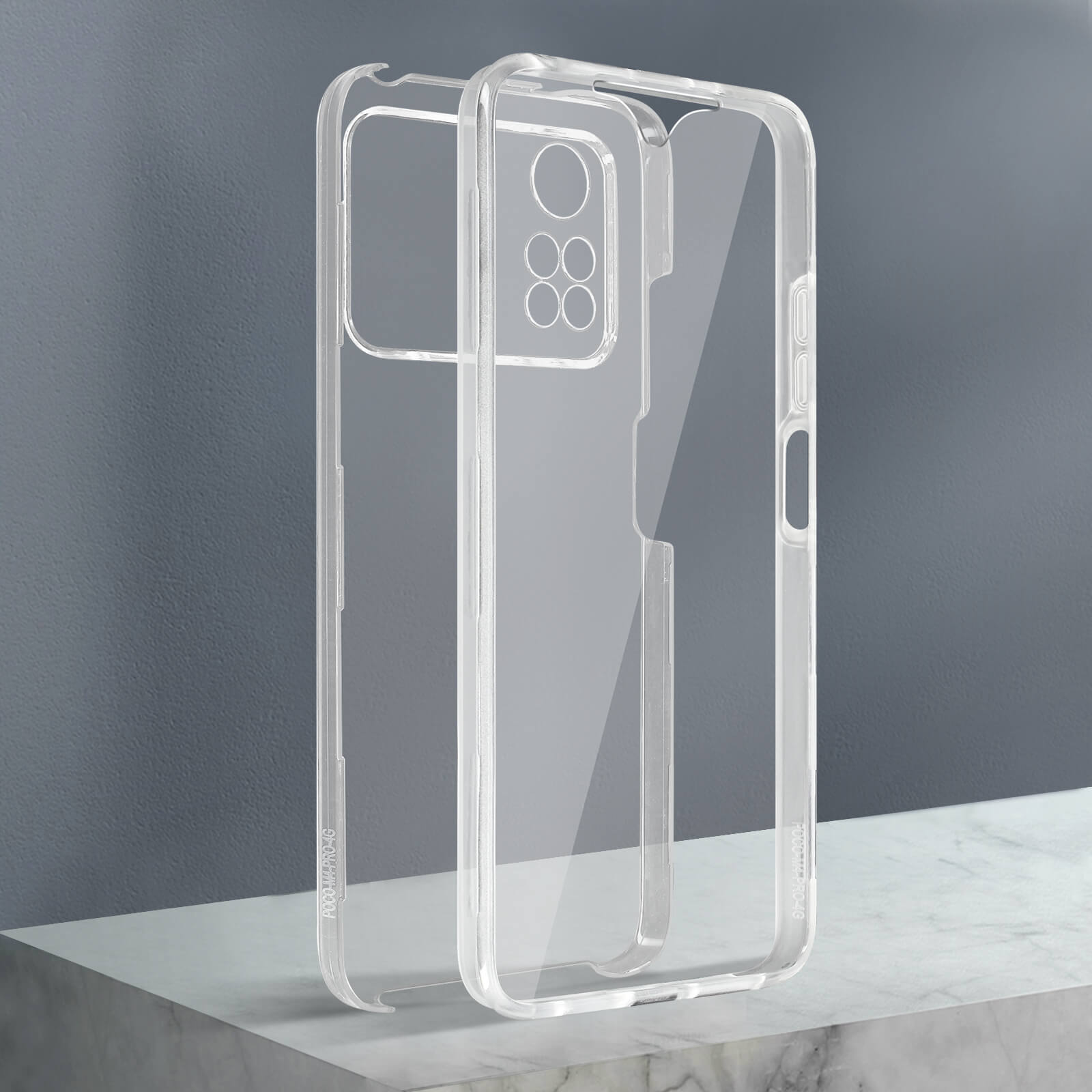 Coque de téléphone transparente, montrant l'arrière du téléphone, sur surface blanche, studio.