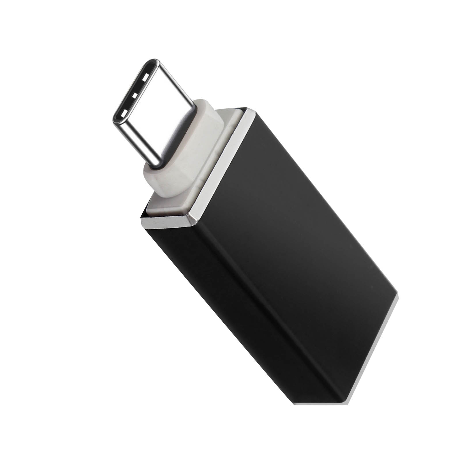 Adattatore USB-C nero su bianco. Rettangolare con punta argentata.