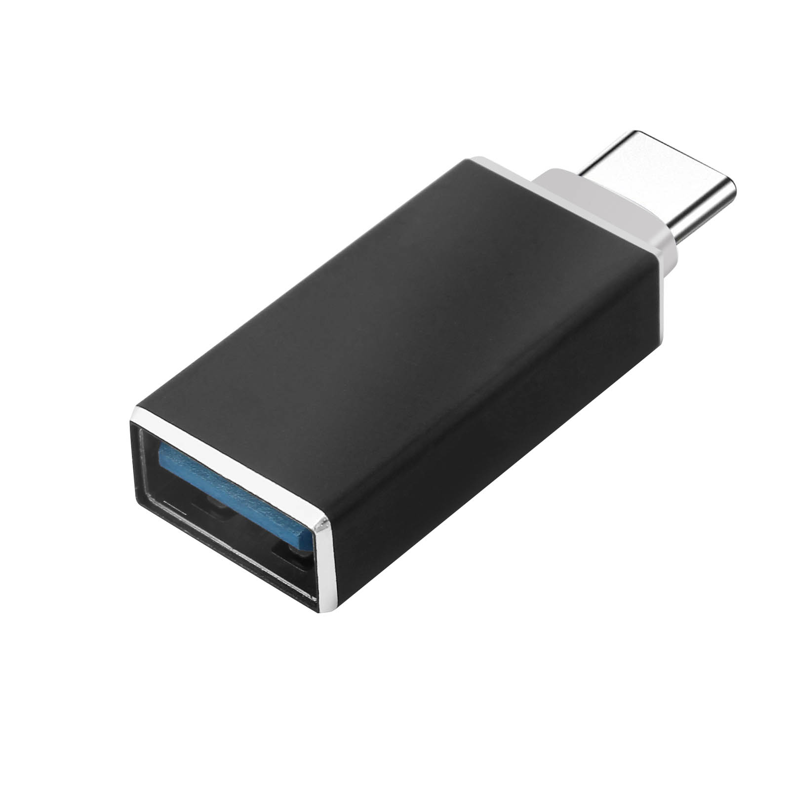 Un adattatore USB-C nero. Un lato ha una porta USB, l'altro un connettore USB-C.