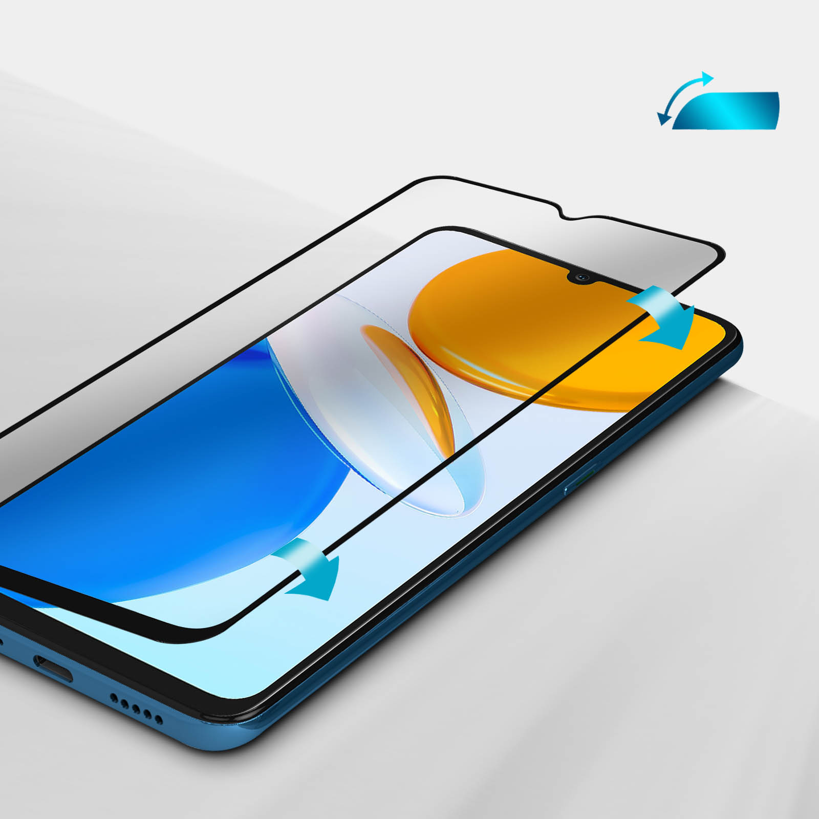 Un telefono a cui viene montata una protezione per lo schermo. La protezione è in fase di applicazione.