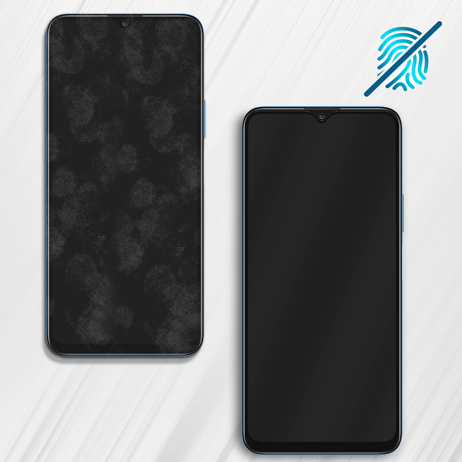 Due telefoni, uno con impronte digitali, l'altro pulito. Cornici blu, sfondo bianco.