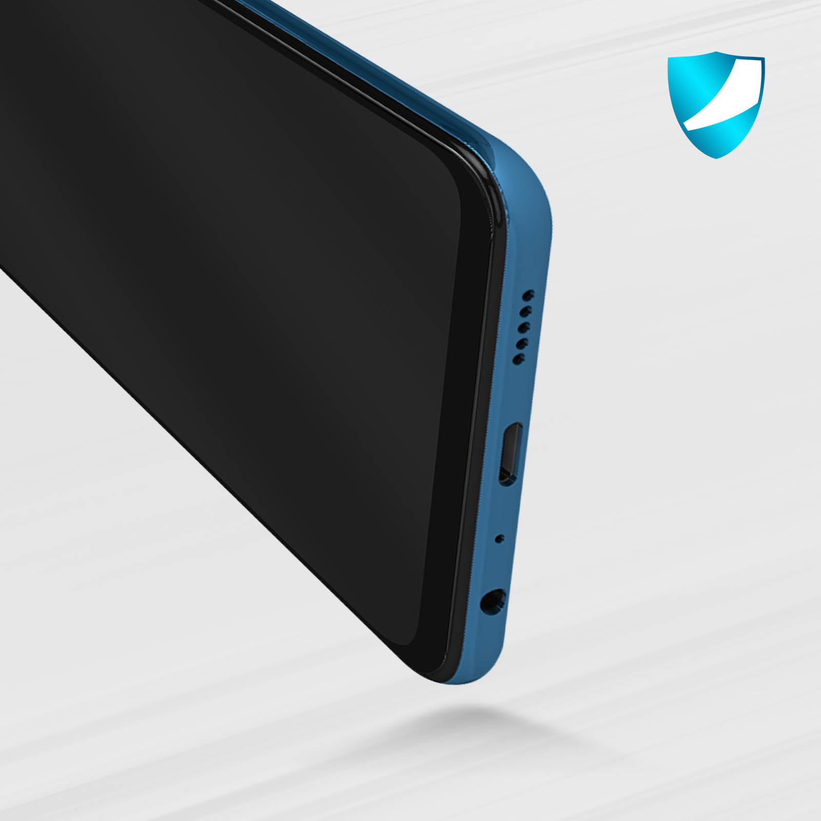 Primo piano del bordo inferiore di un telefono blu. Il bordo ha una porta e fori per altoparlanti.
