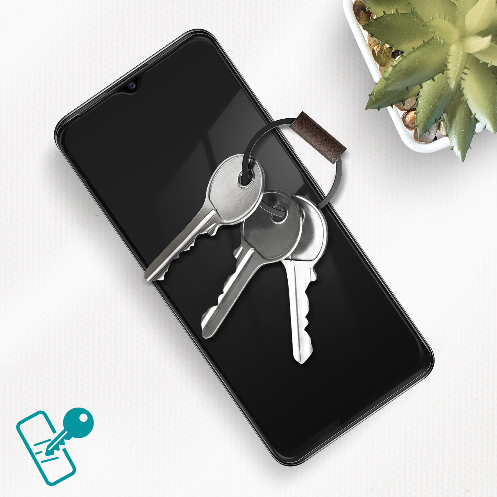 Telefono con chiavi e cinturino in pelle. Una pianta e un'icona a forma di chiave sono visibili.