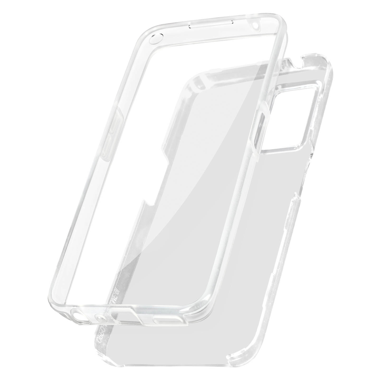 Coque de téléphone transparente, ouverte, montrant le téléphone à l'intérieur.