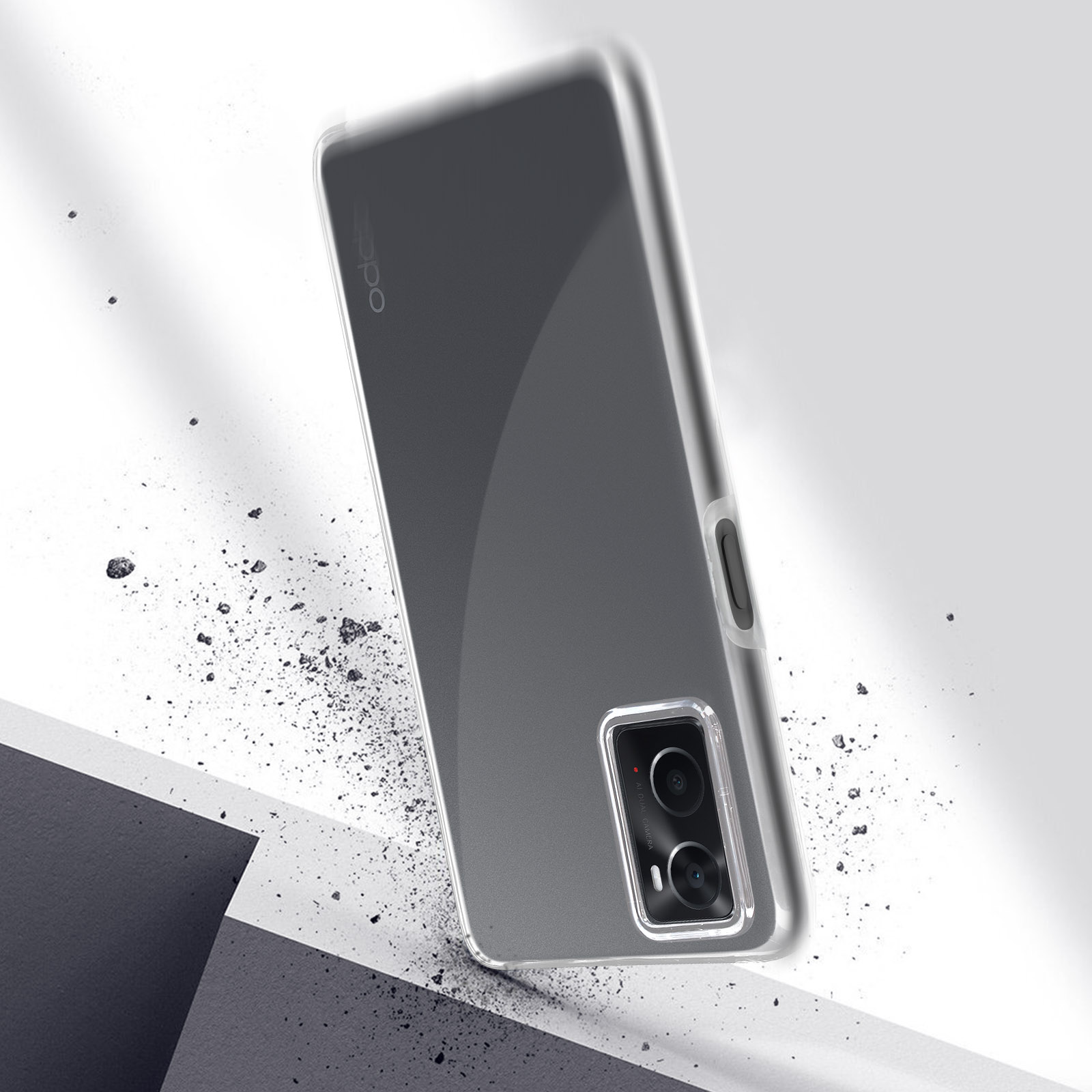 Coque de téléphone avec dos transparent. La coque tombe. Le fond est blanc.