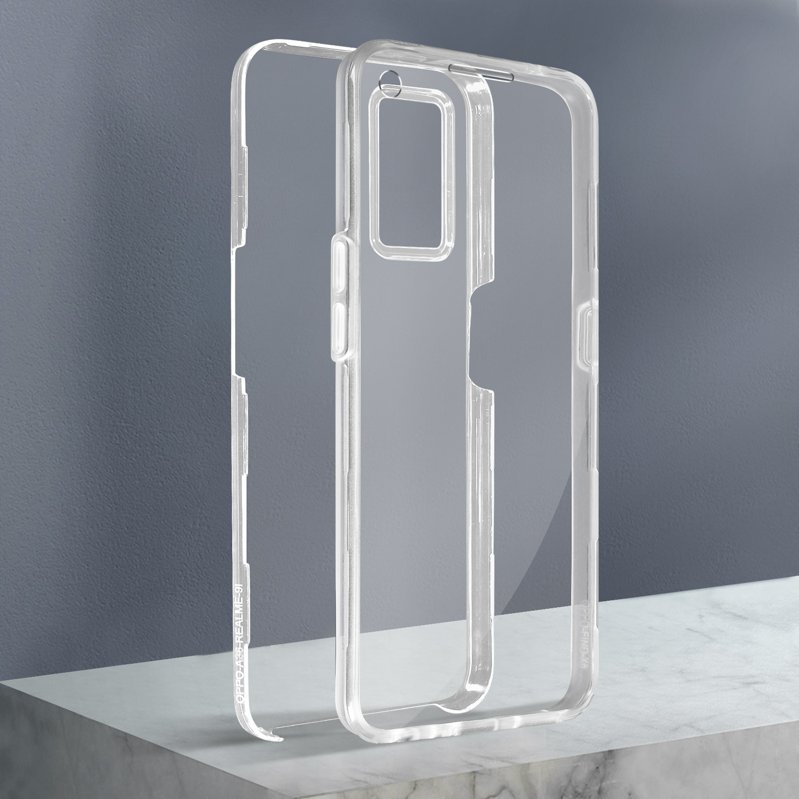 Coque de téléphone transparente, deux parties, sur une surface en marbre.