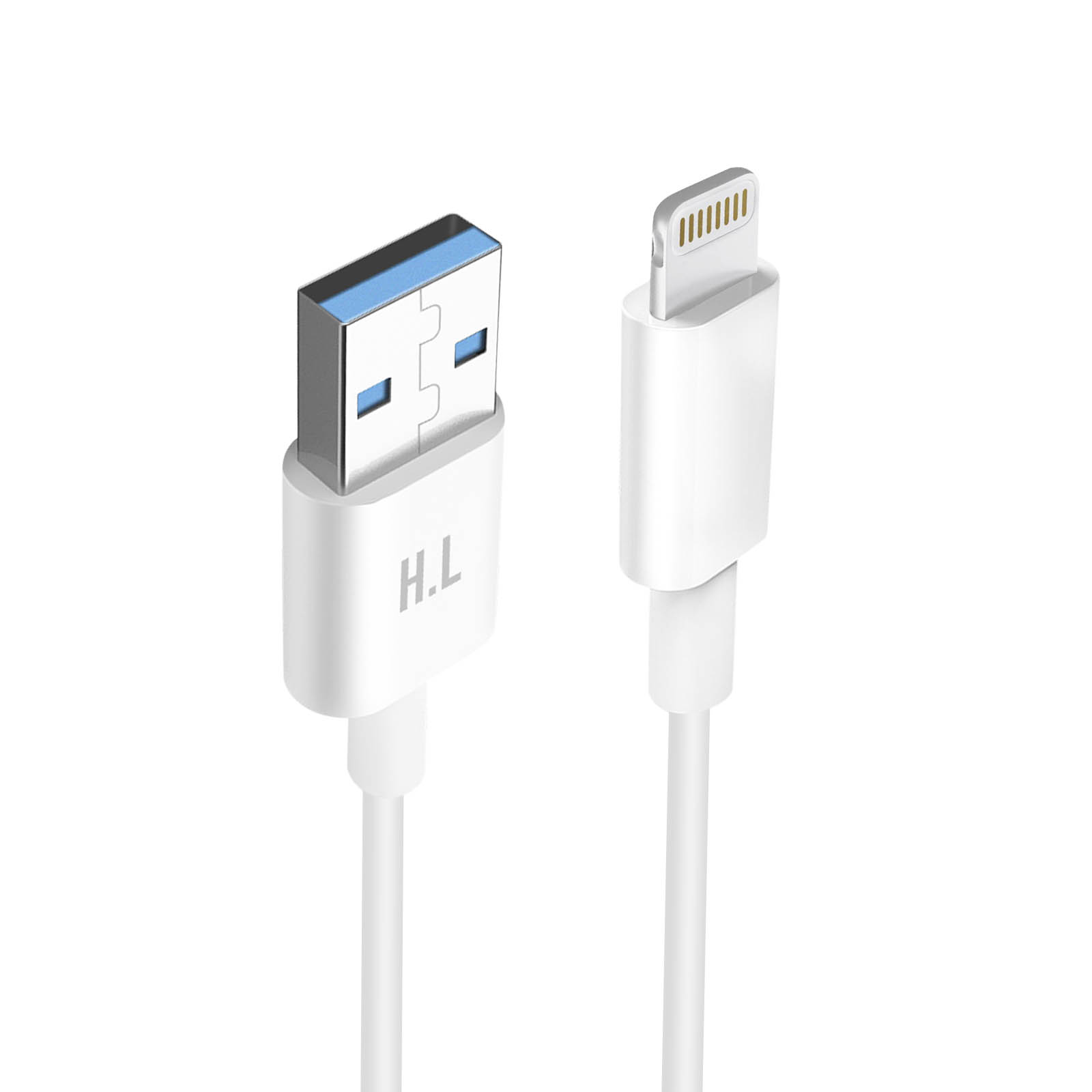 Ein weißes USB-zu-Lightning-Kabel. Das USB-Ende ist blau, das Lightning-Ende ist weiß.