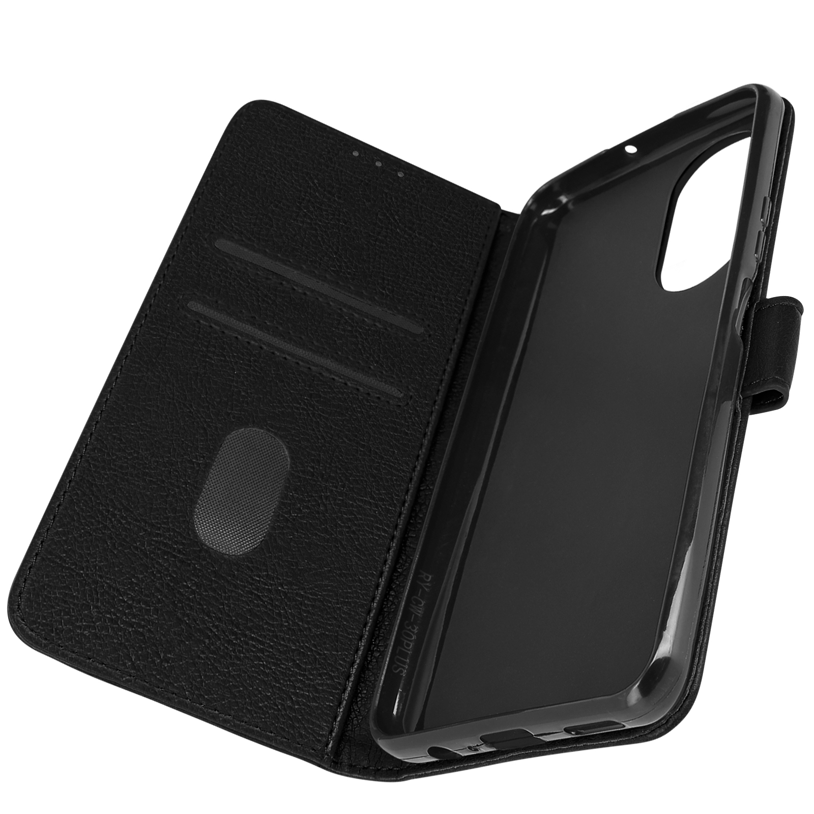 Coque de téléphone noire, ouverte, révélant l'intérieur du téléphone. Comprend des emplacements pour cartes et une fermeture magnétique.