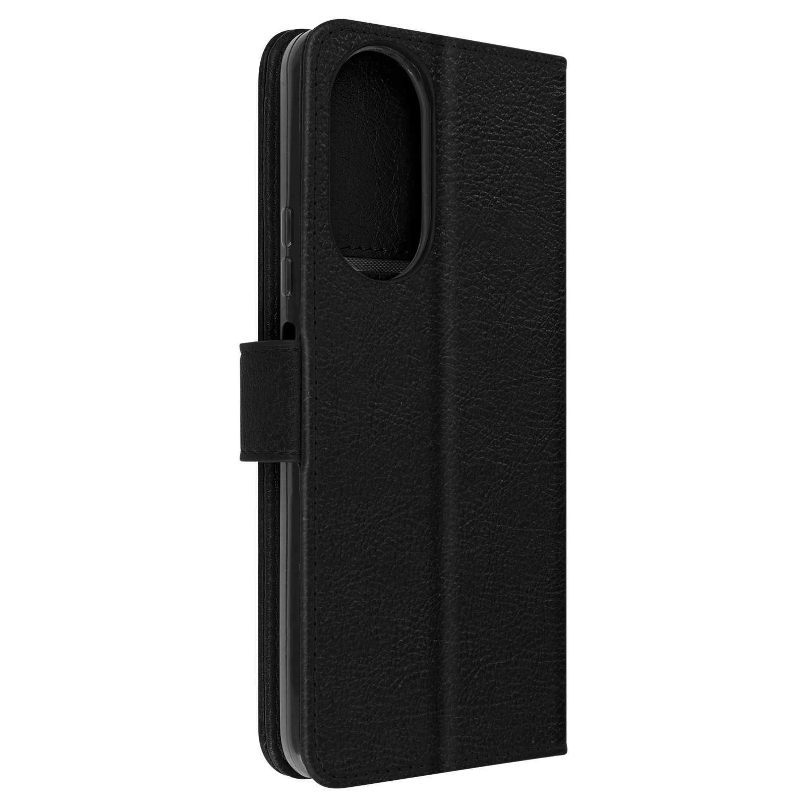 Un étui de téléphone en cuir noir fermé est debout. Il a une fermeture magnétique.
