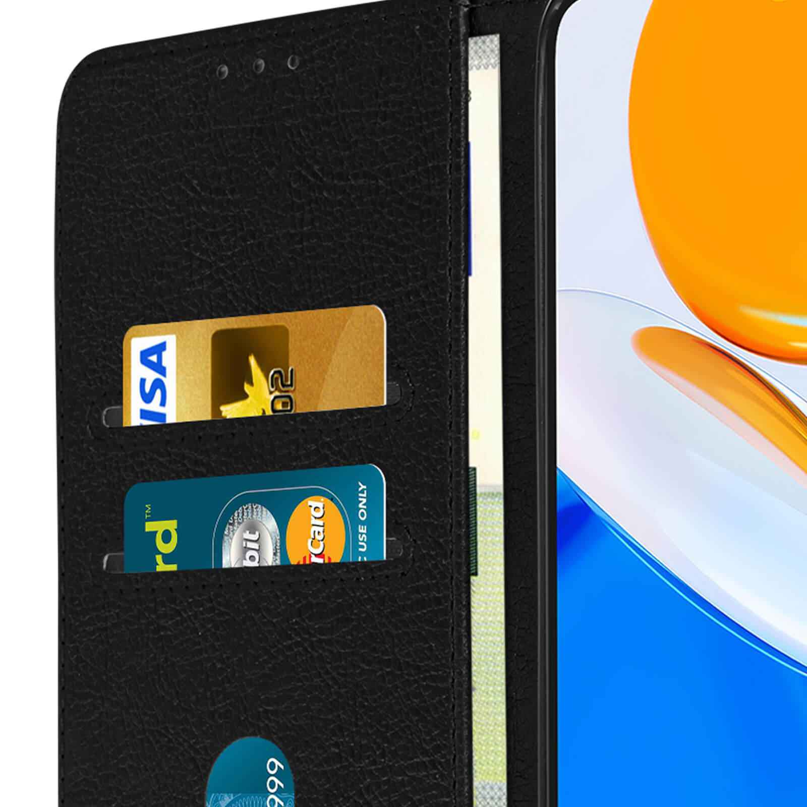 Étui de téléphone avec fentes pour cartes, avec cartes, gros plan des fentes.