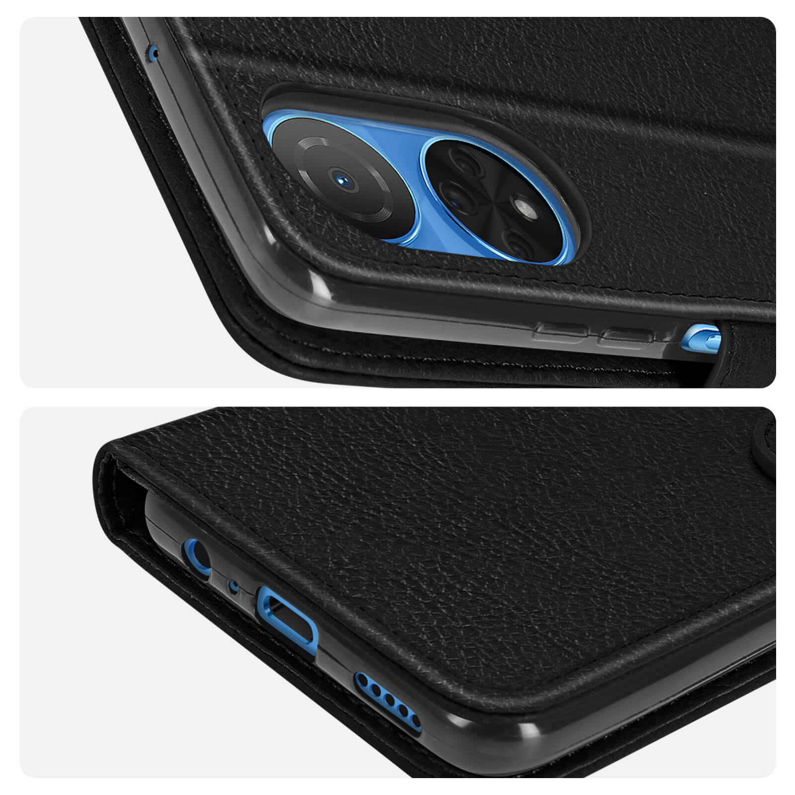 Gros plan sur un étui de téléphone noir avec caméras, et le téléphone ouvert affichant des fonctionnalités.
