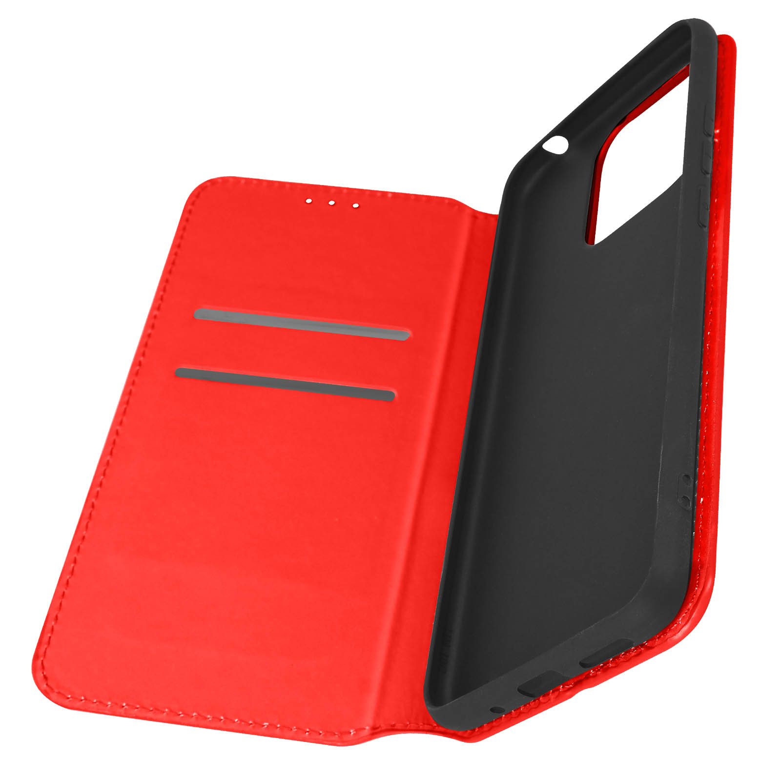Coque de téléphone rouge, ouverte. Intérieur du téléphone noir, avec fentes pour cartes.
