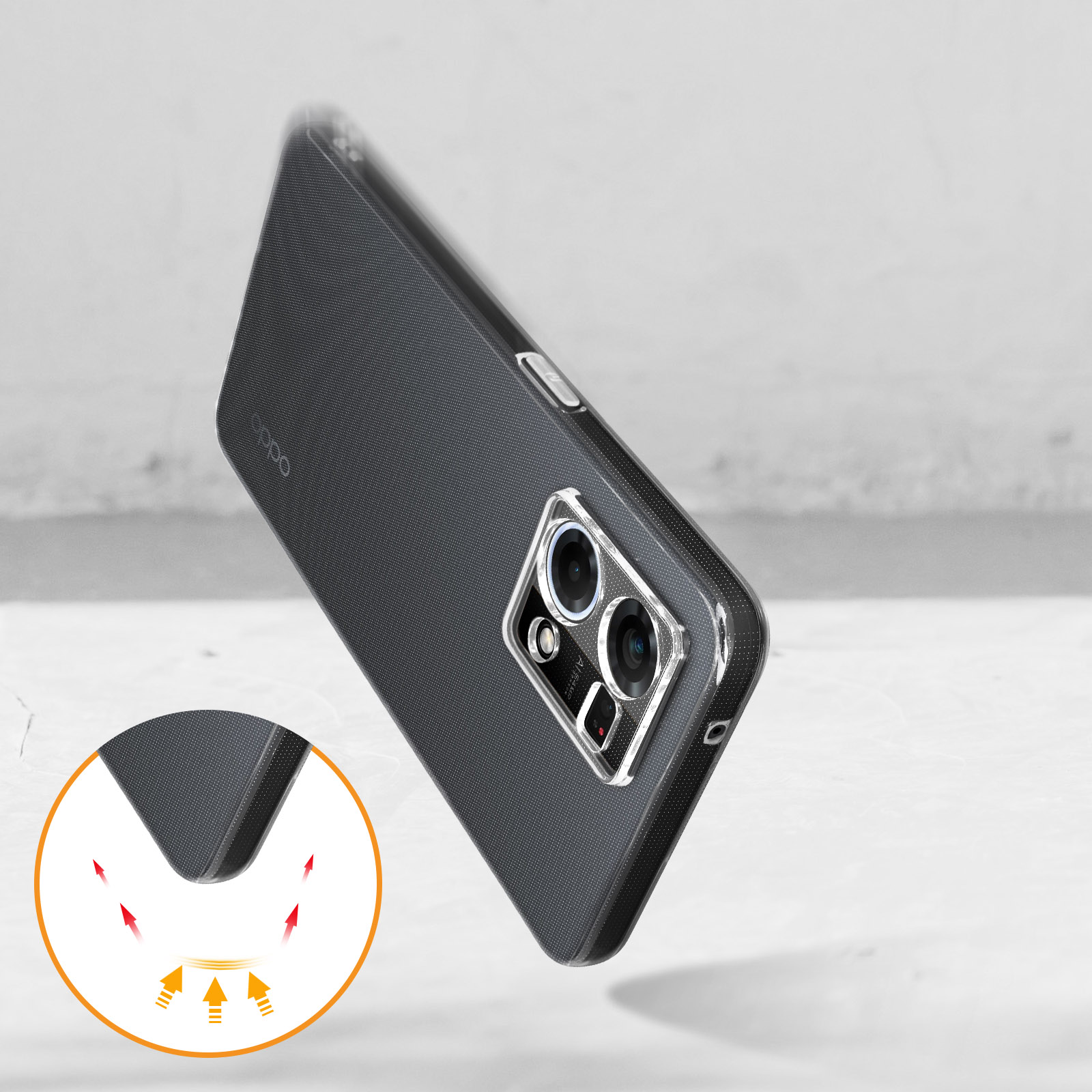 Una custodia per telefono con motivo strutturato e area fotocamera trasparente, su superficie marmorea.