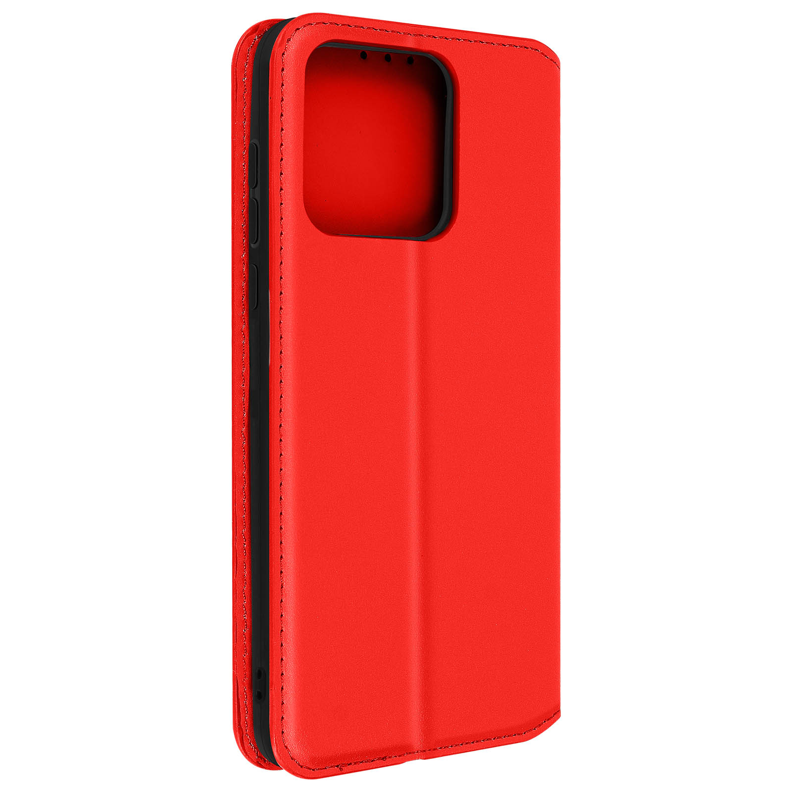 Coque rouge, simili cuir, fermée. Coutures noires. Profil latéral avec boutons.