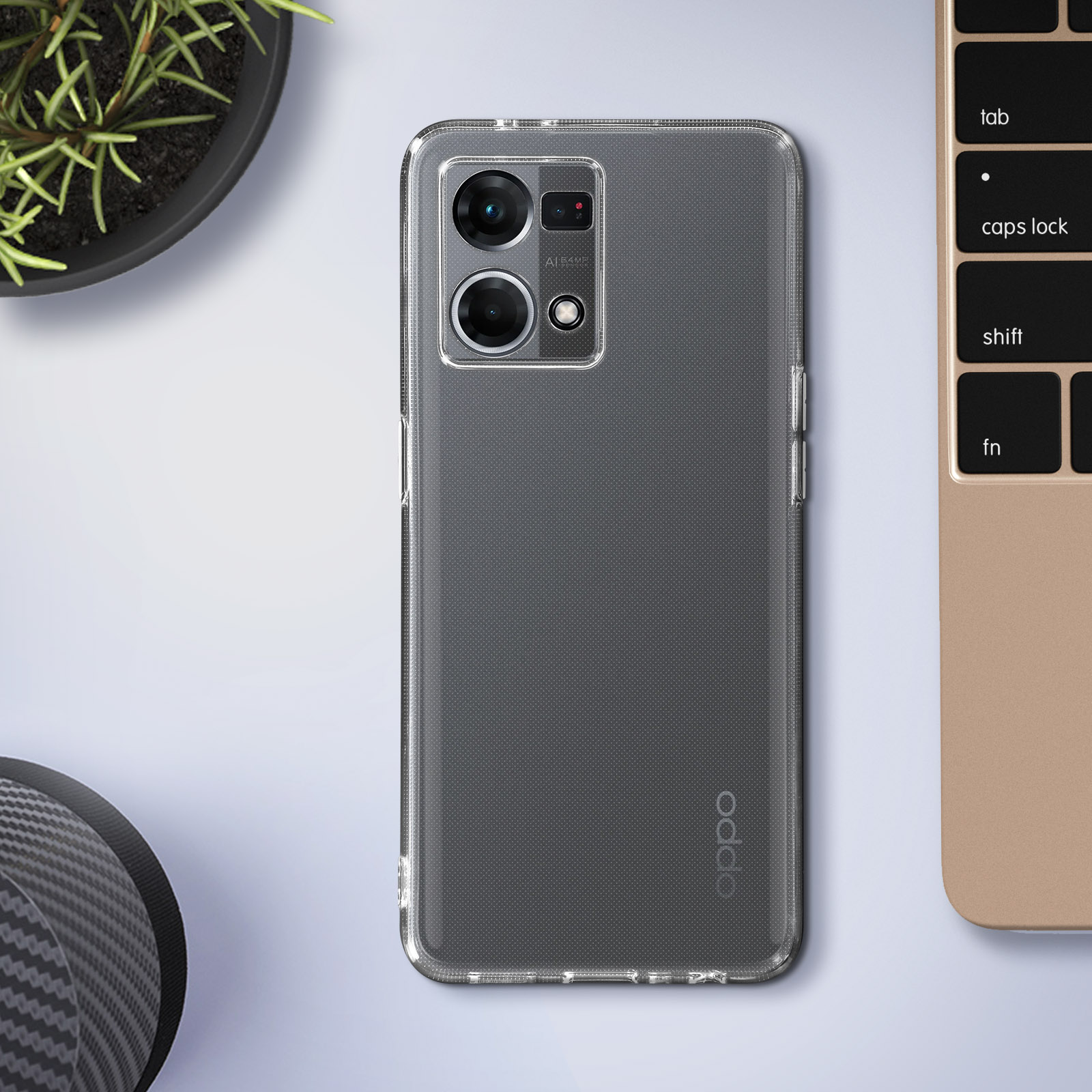 Custodia trasparente sulla scrivania, vista dall'alto. Tastiera e penna visibili. Logo Oppo.