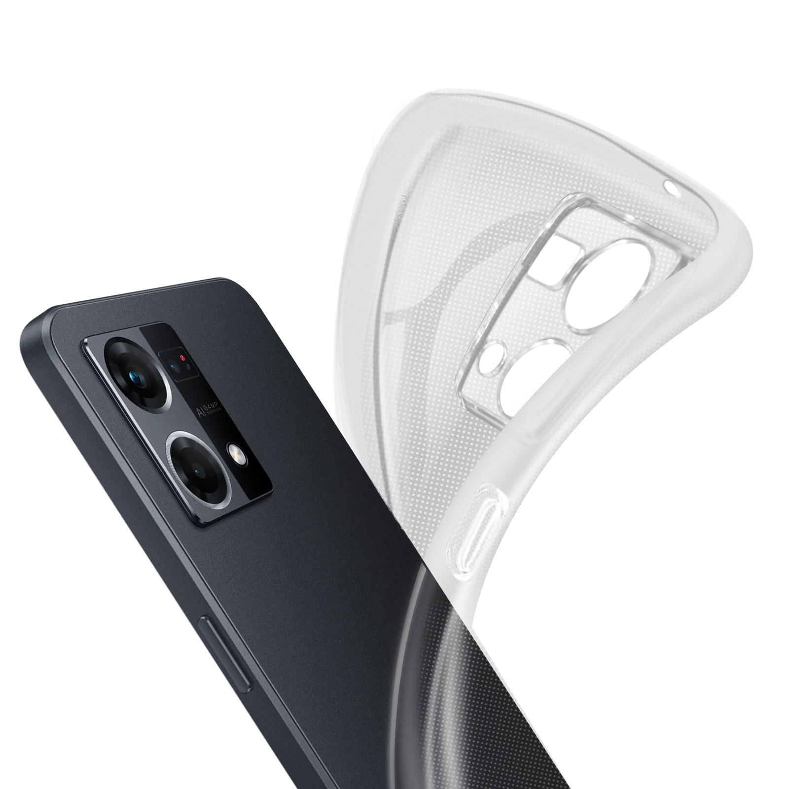Un telefono nero con fotocamere e una custodia trasparente leggermente sopra.
