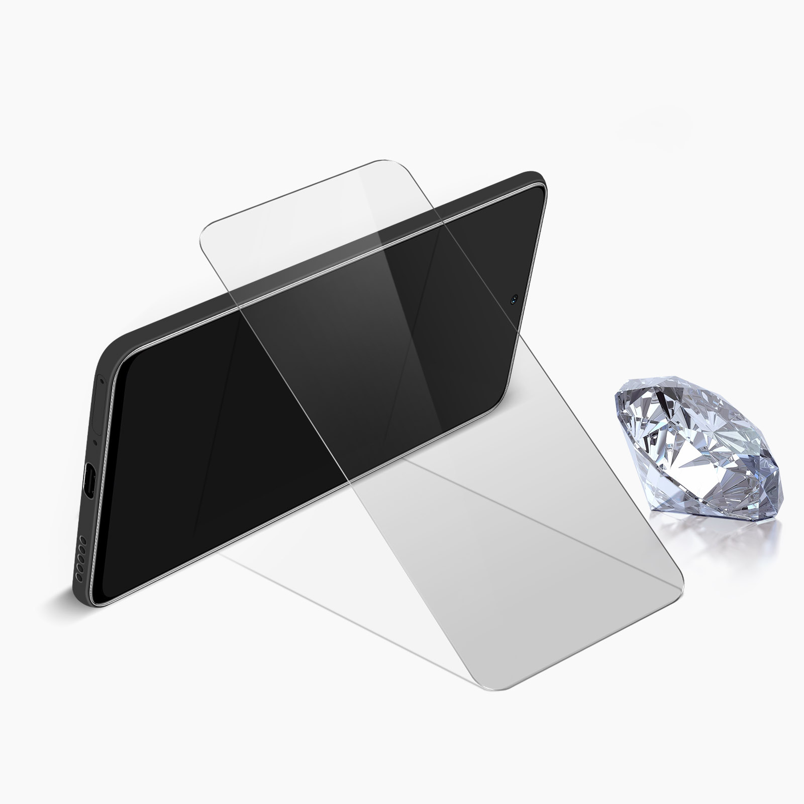 Telefono nero con protezione schermo. Protezione schermo trasparente accanto a un diamante.