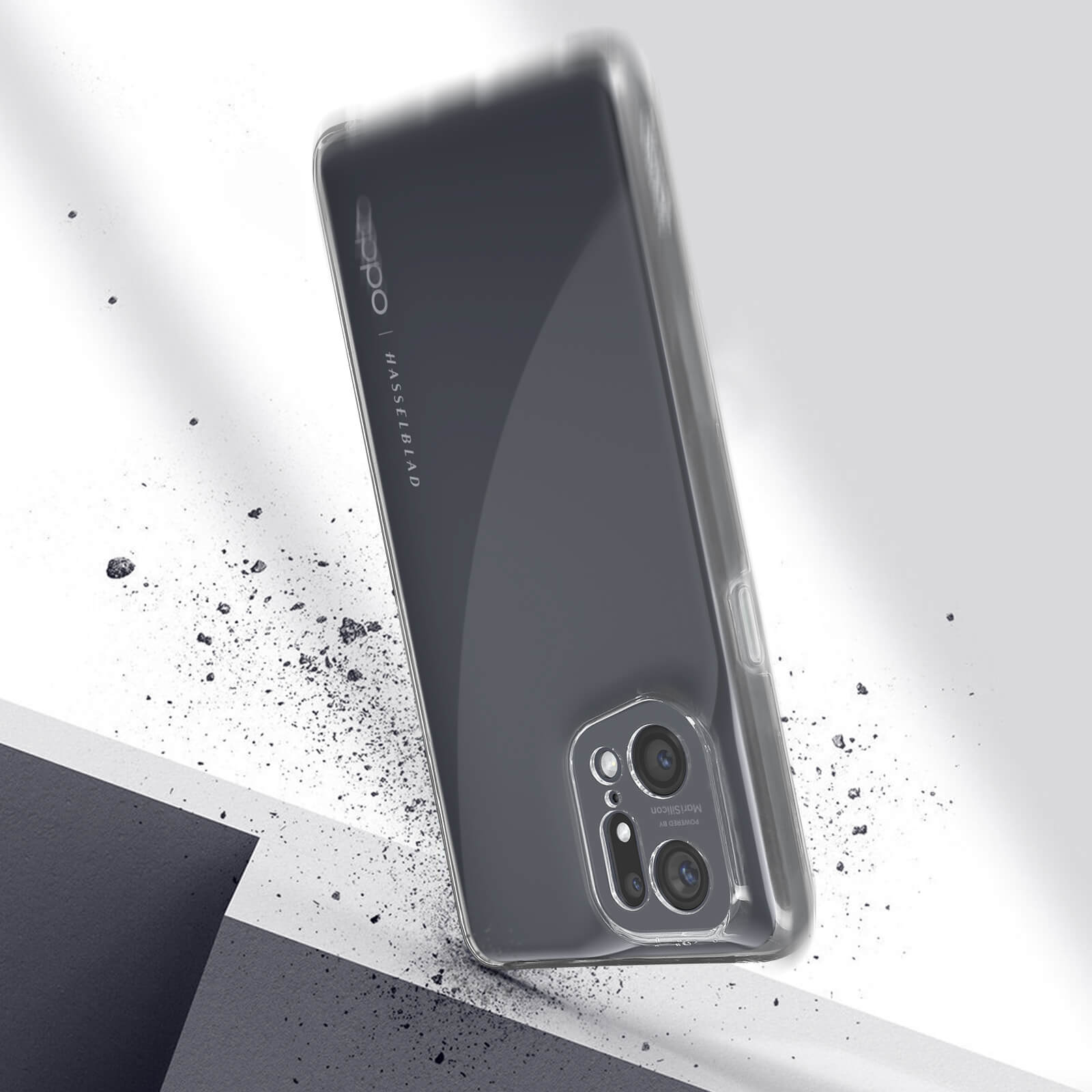 Een transparante telefoonhoes met een transparant ontwerp, met het merk Oppo Hasselblad zichtbaar.