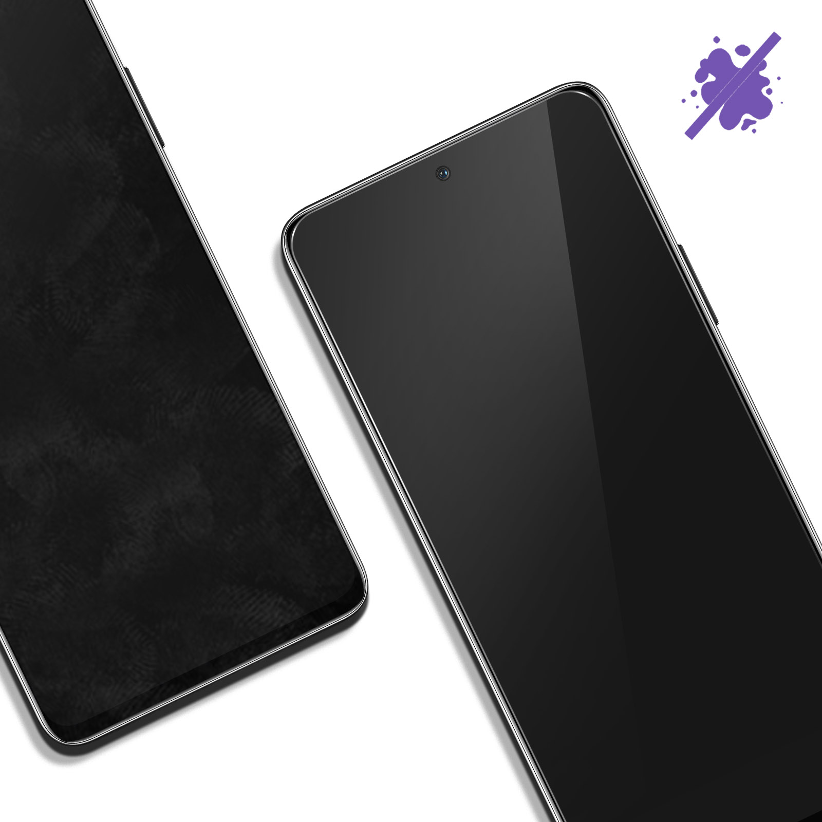 Due schermi di telefoni neri, uno con impronta digitale, l'altro pulito. Icona di spruzzo viola nell'angolo.