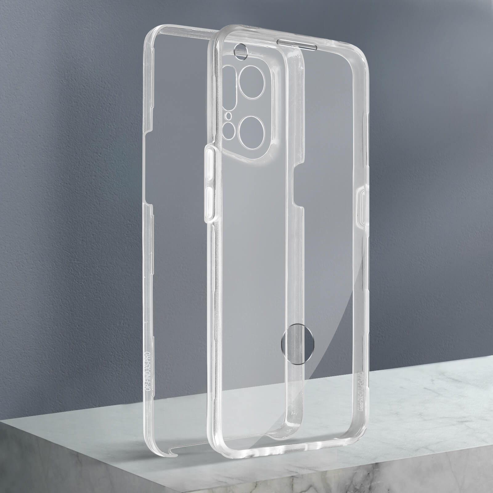 Transparante telefoonhoes met een beschermend frame. Een marmeren oppervlak op de achtergrond.