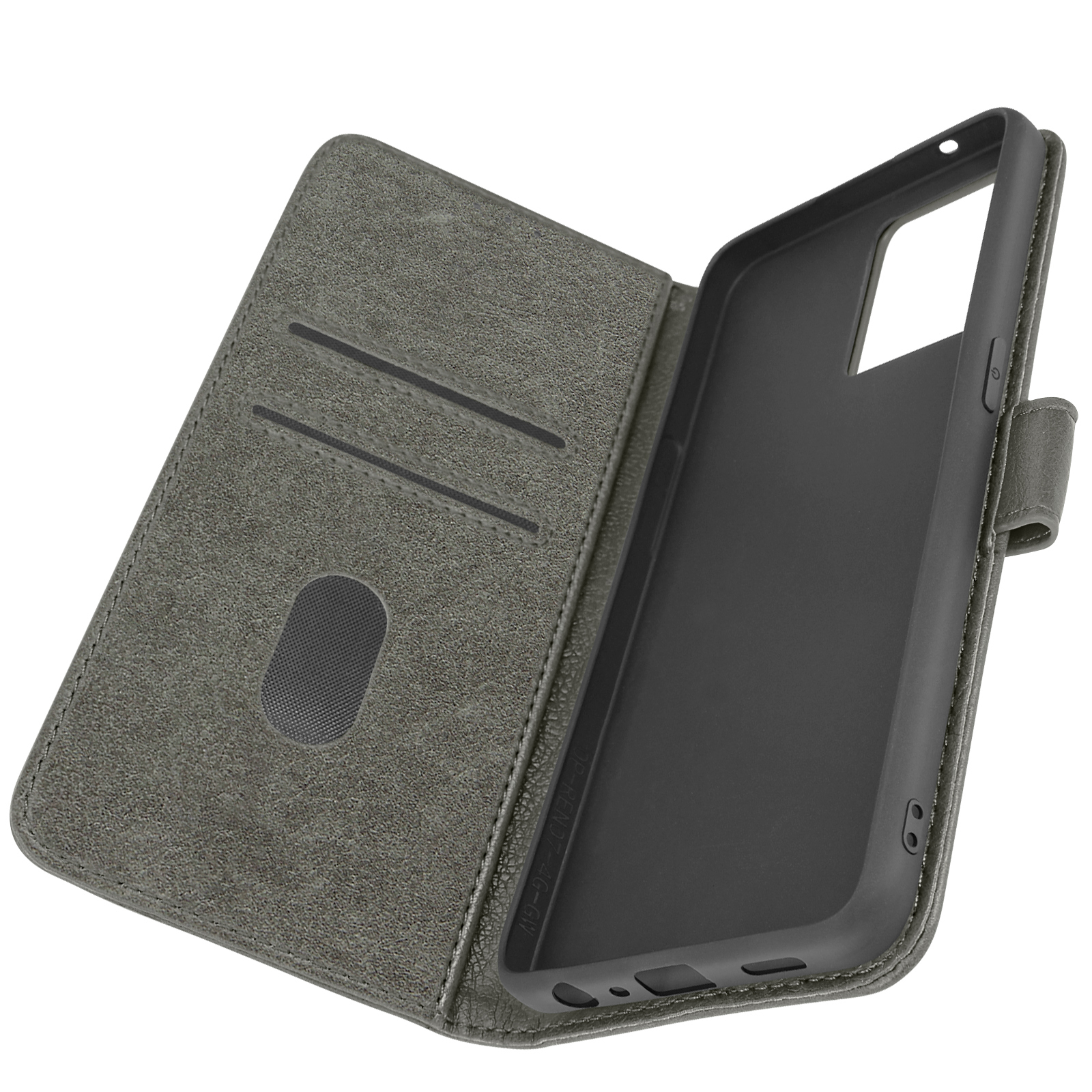 Étui de téléphone en cuir gris ouvert avec fentes pour cartes. Cadre de téléphone noir à l'intérieur. Fond blanc.