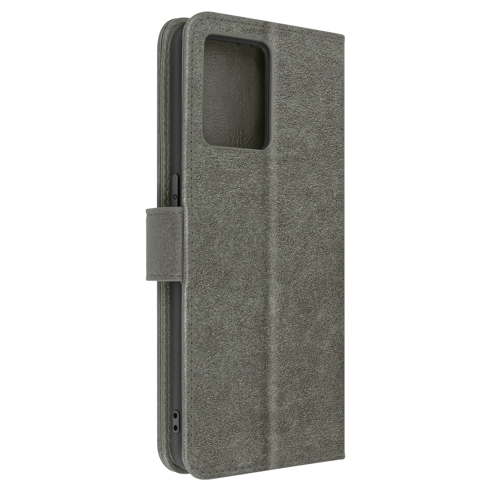 Un étui de téléphone en cuir gris, fermé. L'étui est texturé et le fermoir est visible.