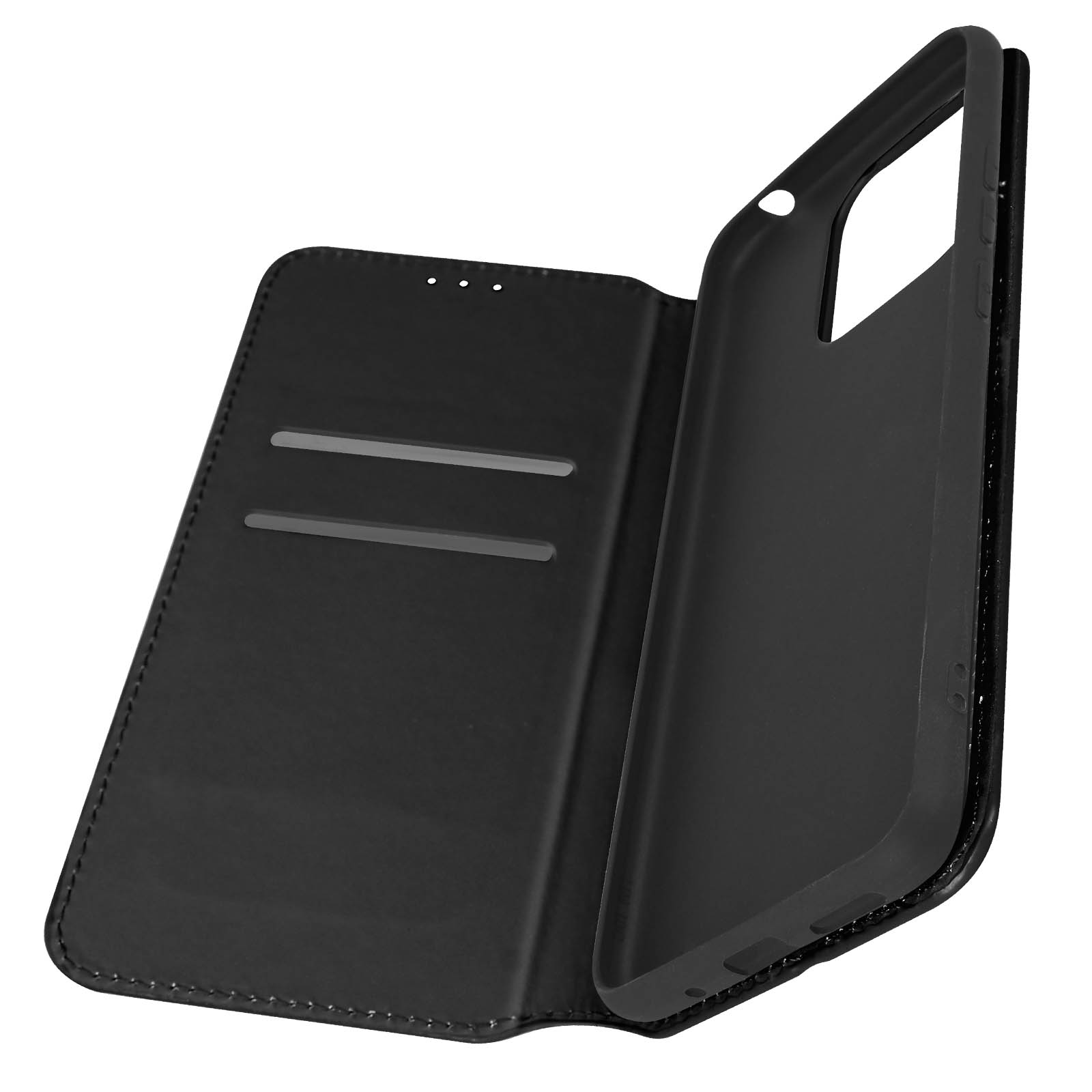 Zwarte leren telefoonhoes open, met kaartsleuven. Telefoon niet inbegrepen.