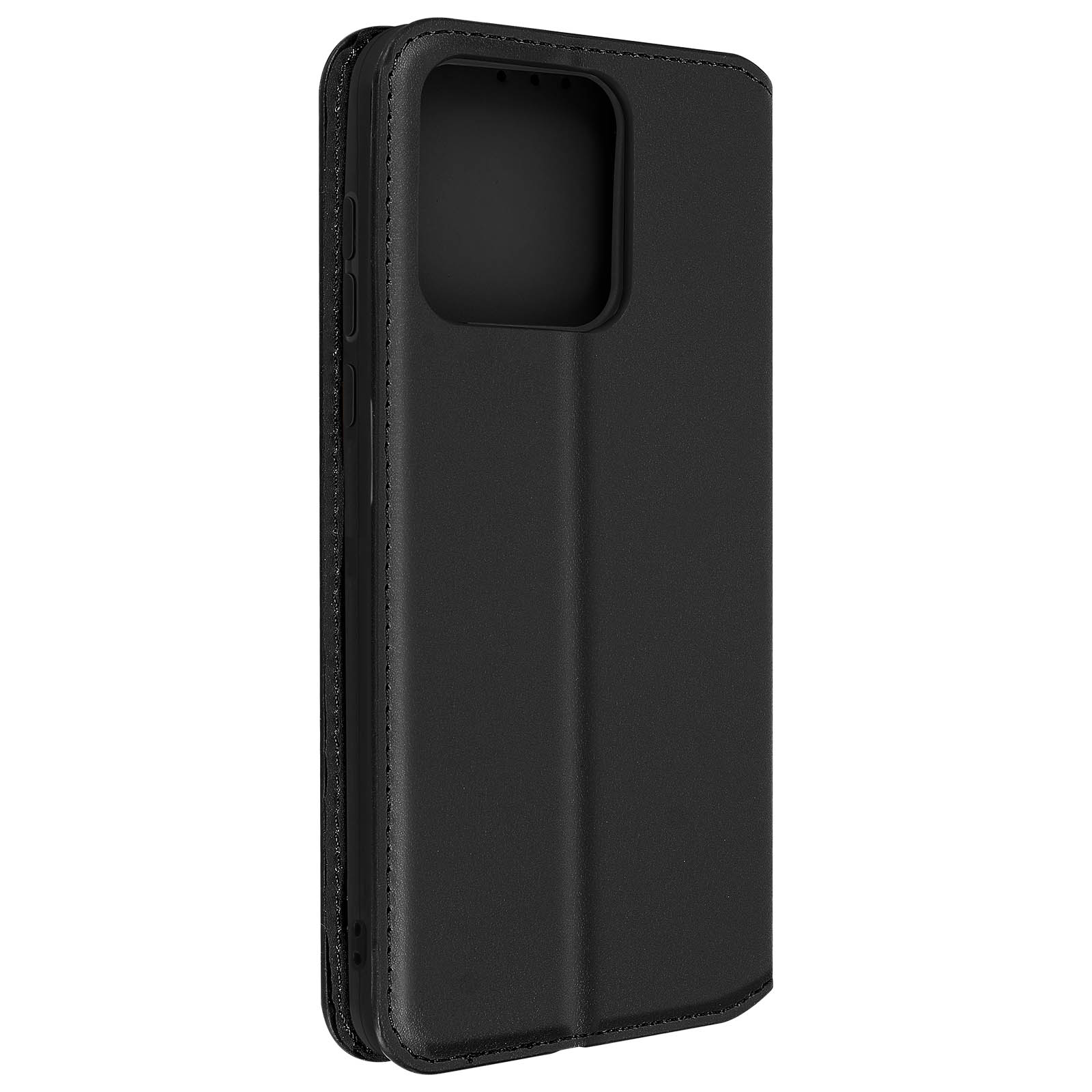 Étui de téléphone en cuir noir, fermé. Les coutures sont visibles le long des bords de l'étui.