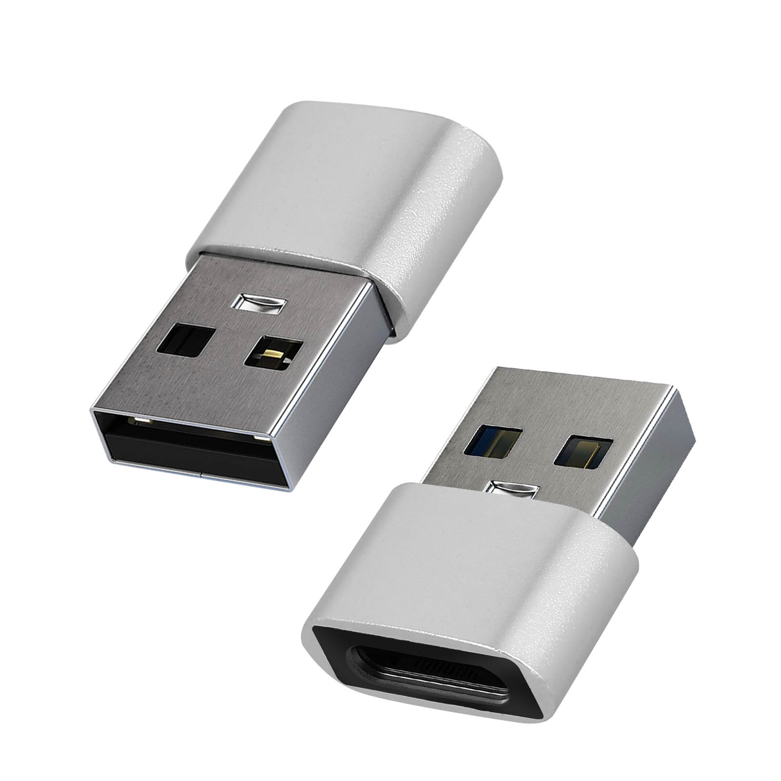 Due adattatori USB argentati. Sfondo bianco.