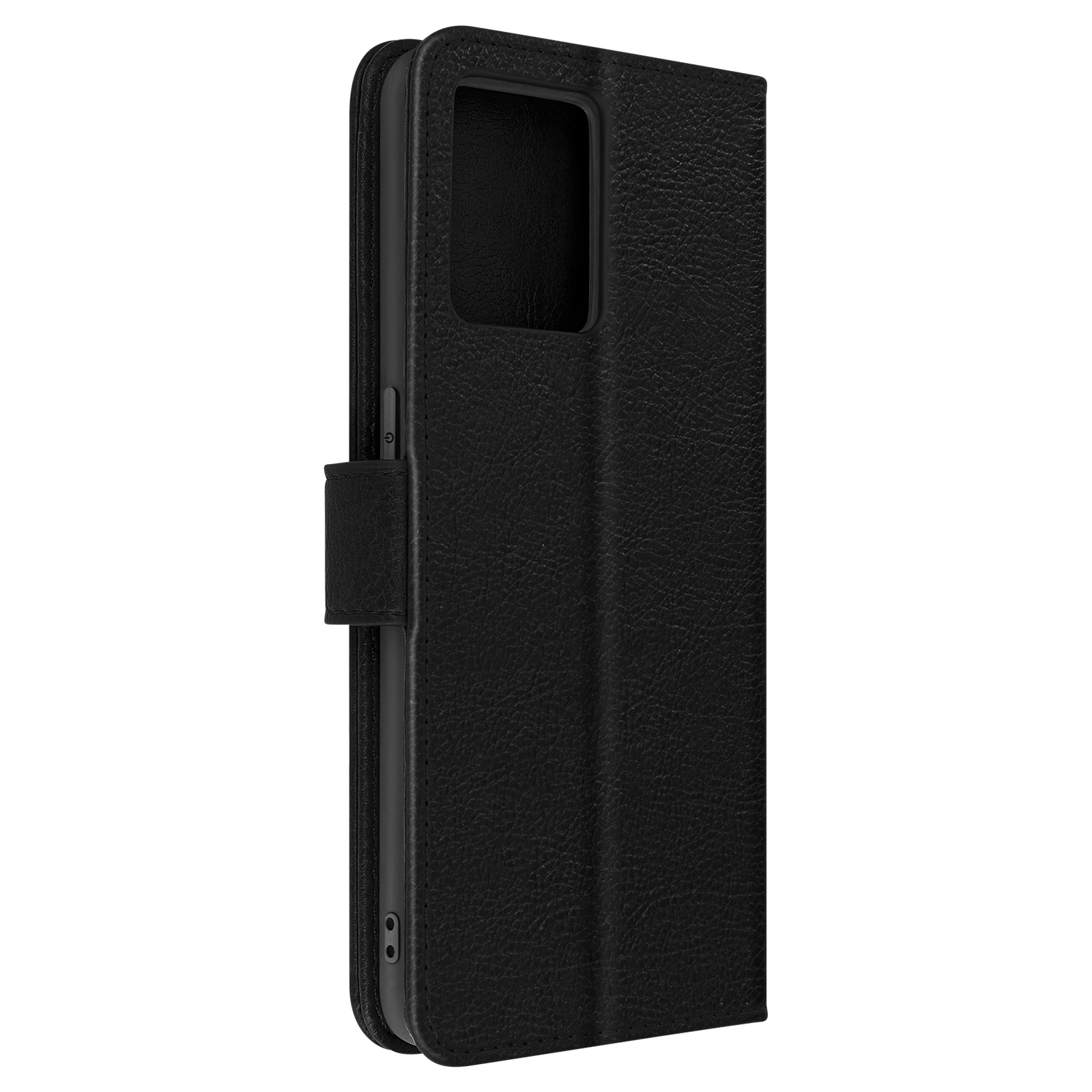Custodia per telefono in pelle nera chiusa. È su sfondo bianco. La custodia è chiusa.
