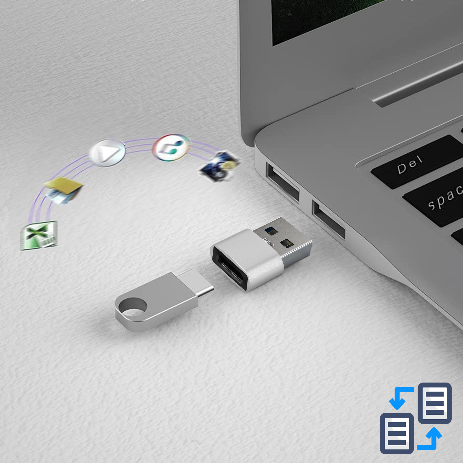 Un adattatore USB-C a USB argentato collegato a un laptop. Sono mostrate icone di trasferimento.