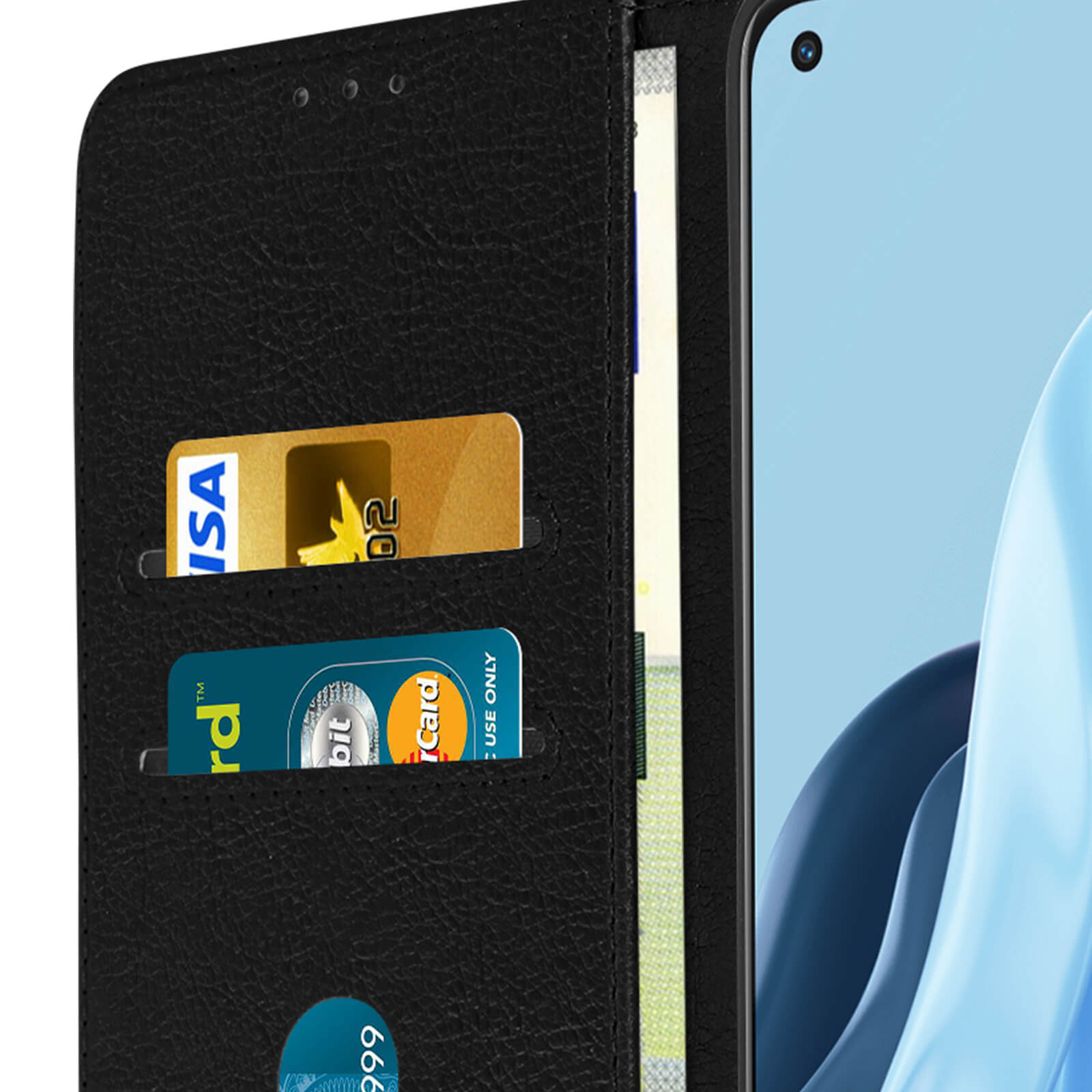 Custodia nera per telefono aperta, che mostra carte di credito e denaro. Lo schermo del telefono è visibile.