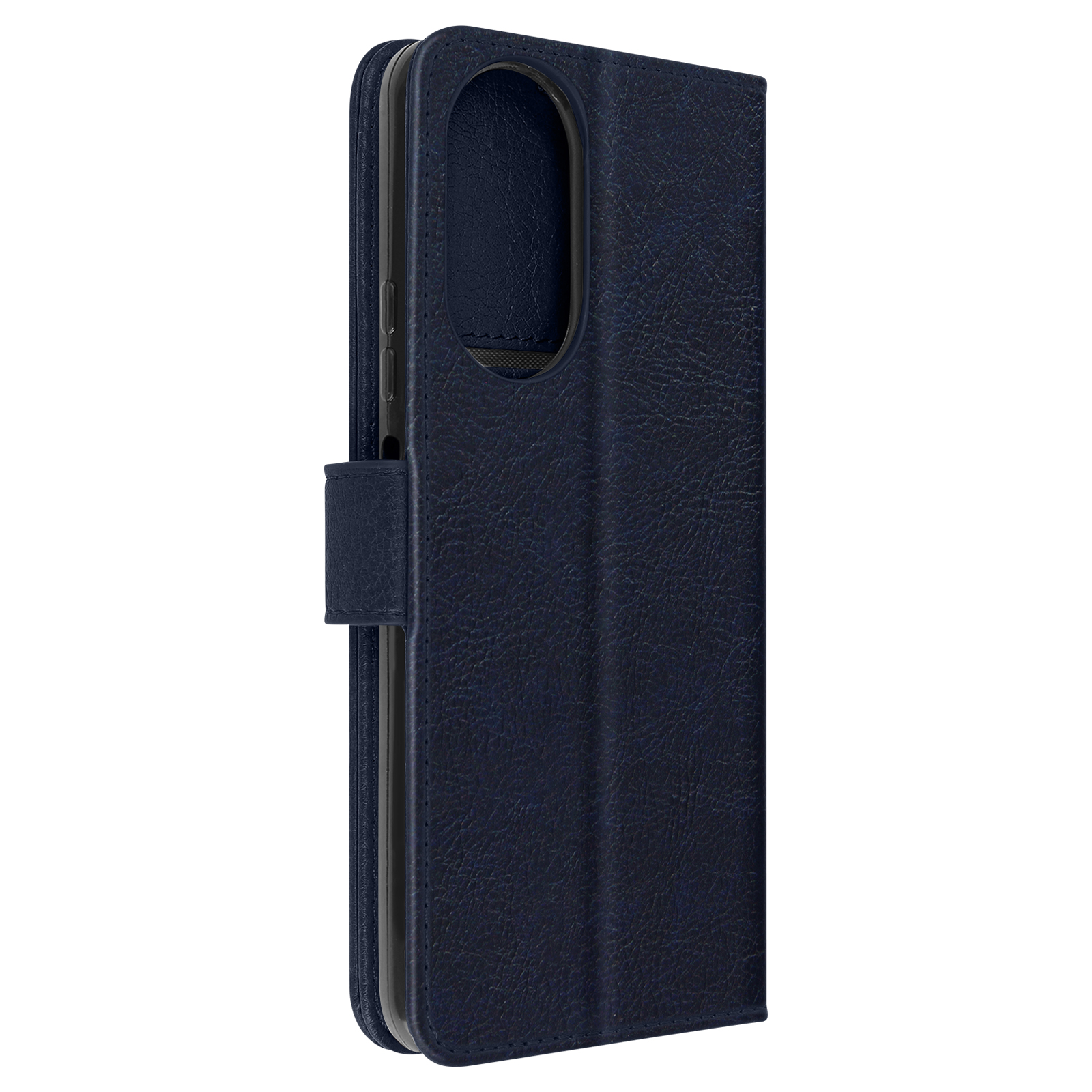 Étui portefeuille en cuir bleu foncé pour téléphone, fermé. L'étui est texturé. Fermeture magnétique.