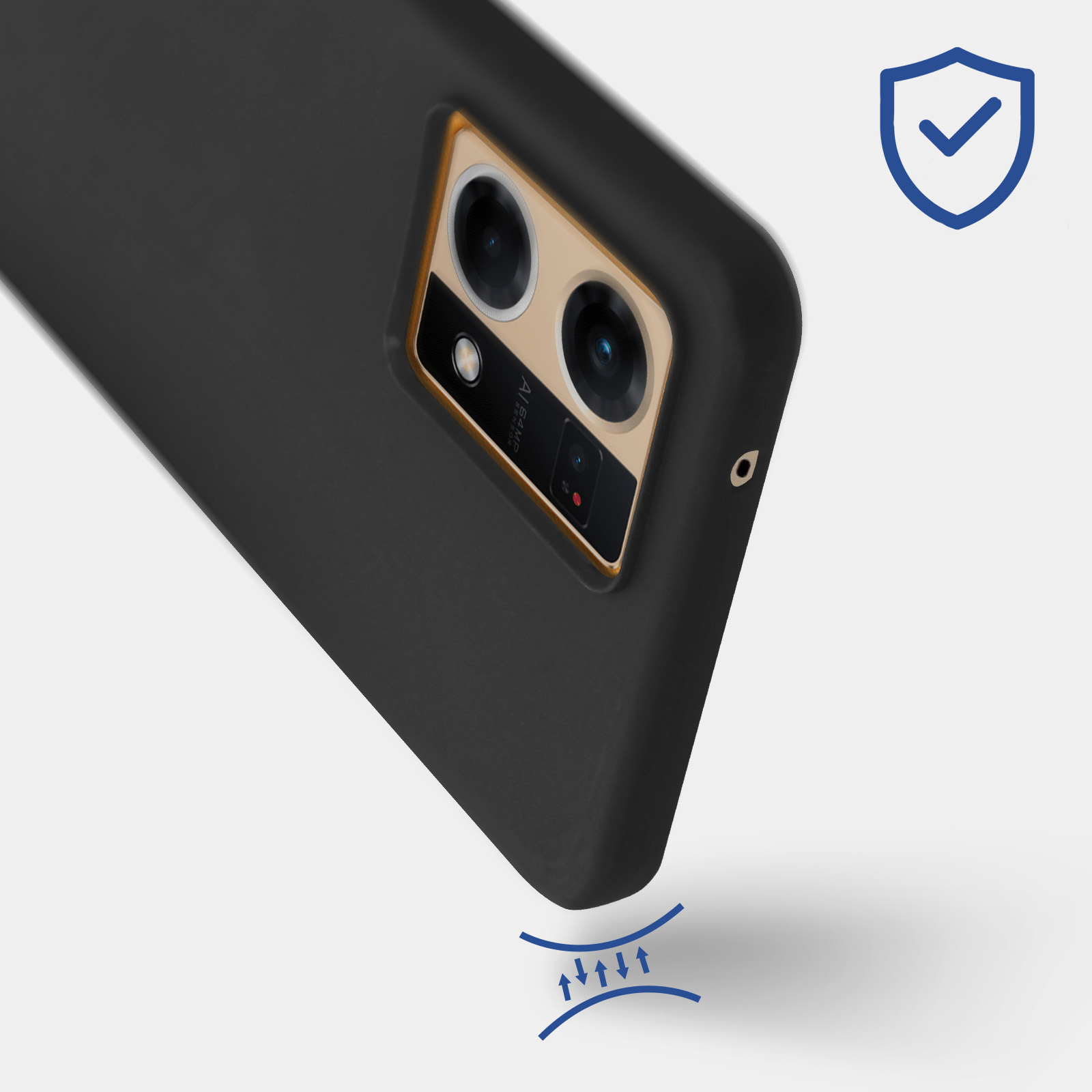 Telefono nero con modulo fotocamera e icona di protezione. Sfondo azzurro.