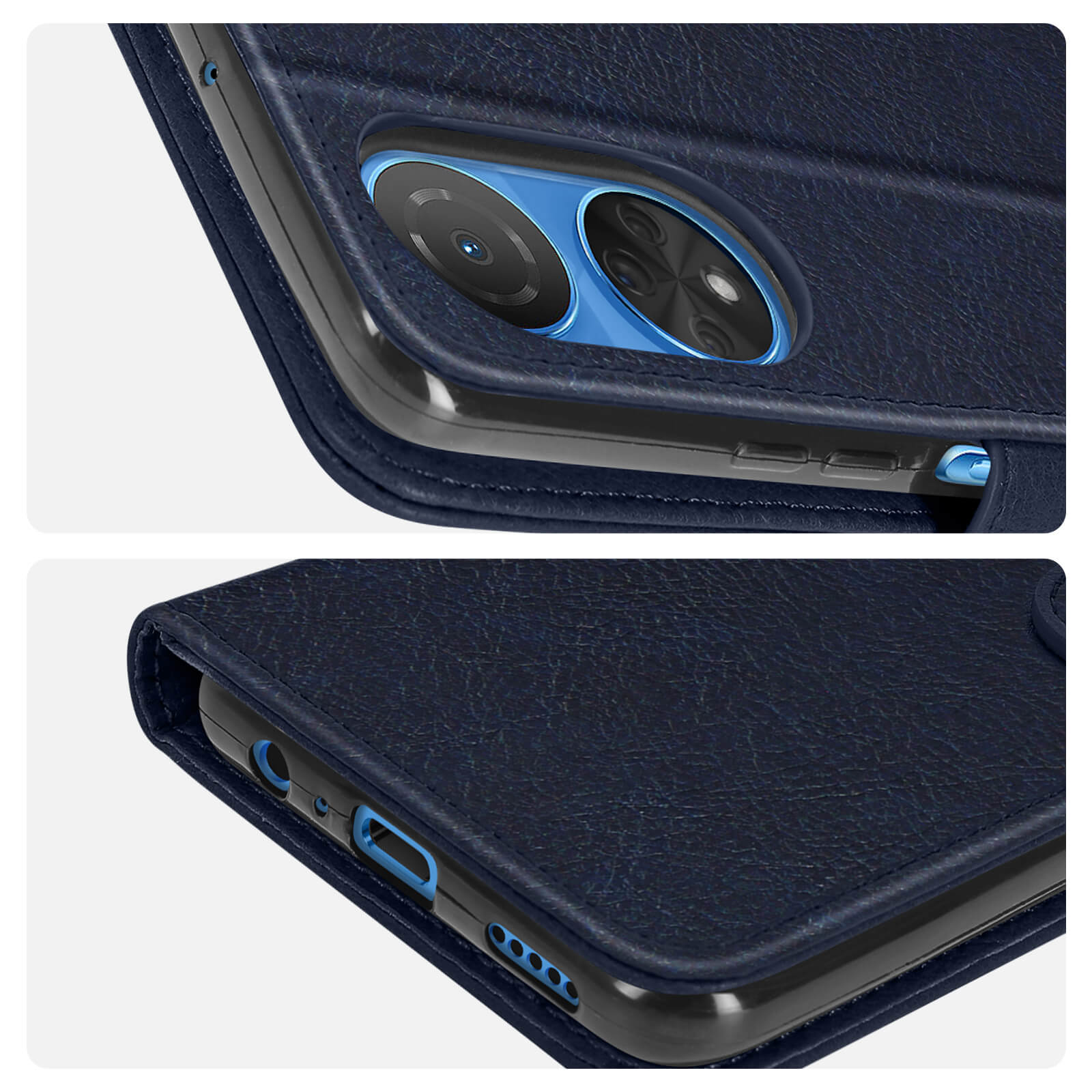 Vue rapprochée d'une coque de téléphone bleu foncé, montrant l'intérieur et les détails de la caméra.
