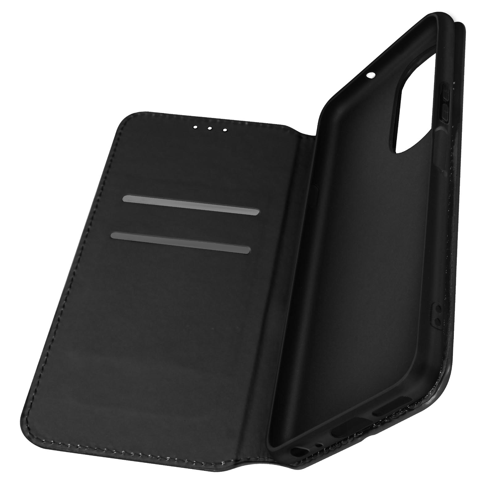 Custodia per telefono nera, aperta, che rivela il telefono e gli slot per schede. Su sfondo bianco.