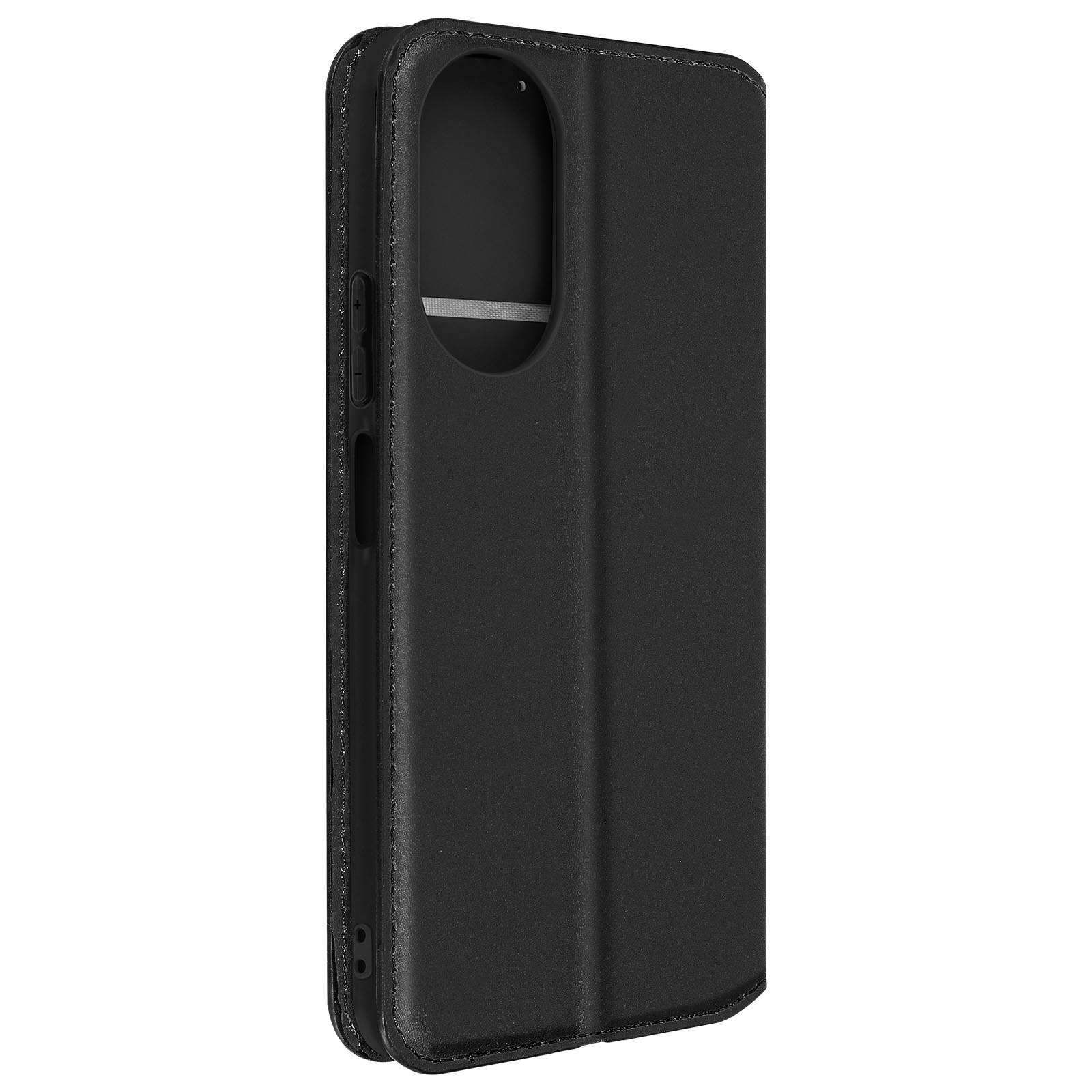 Custodia nera per telefono, chiusa, con una texture liscia simile alla pelle e dettagli di cucitura.