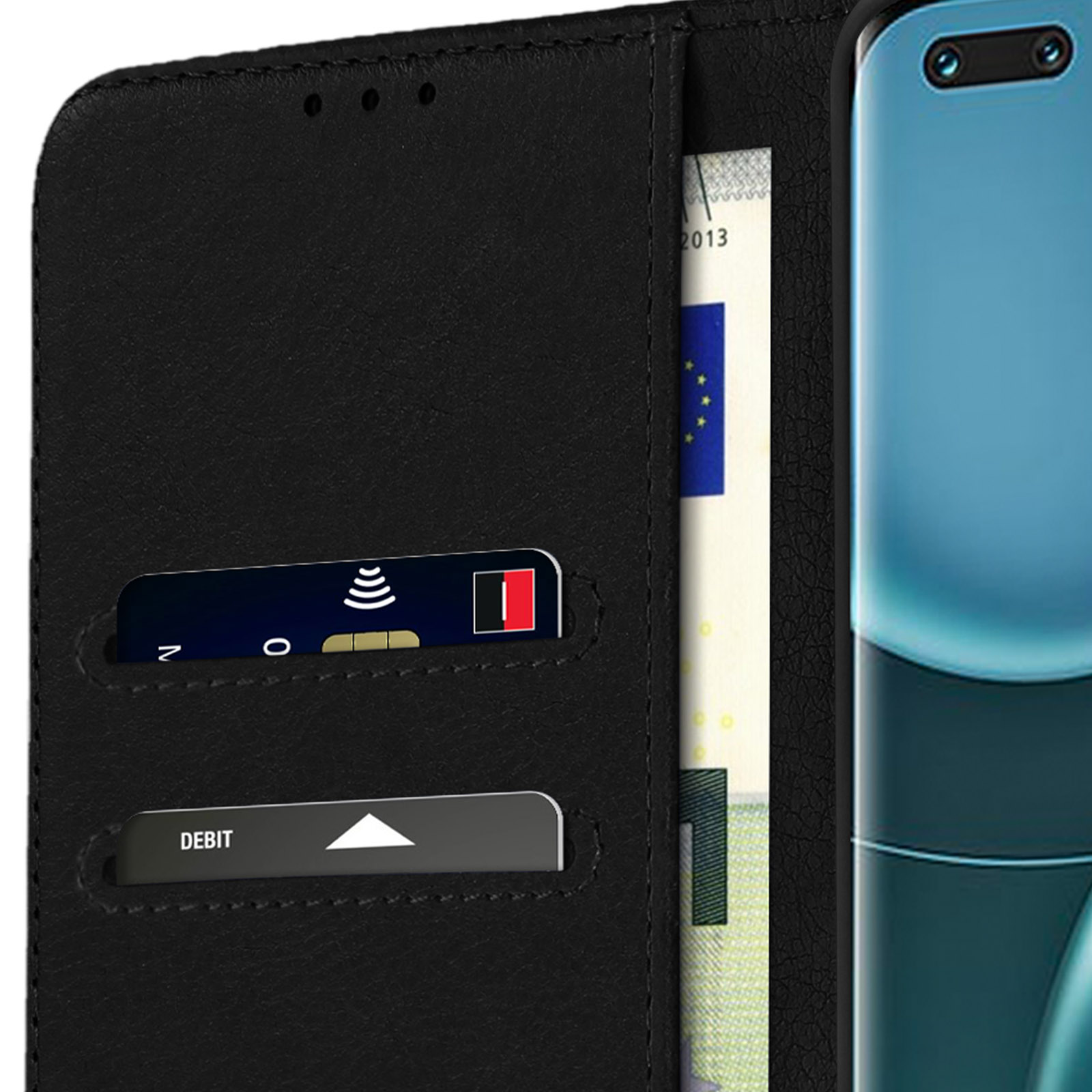 Portafoglio per custodia del telefono nero aperto. Carta di credito, carta di debito e banconota in euro visibili.
