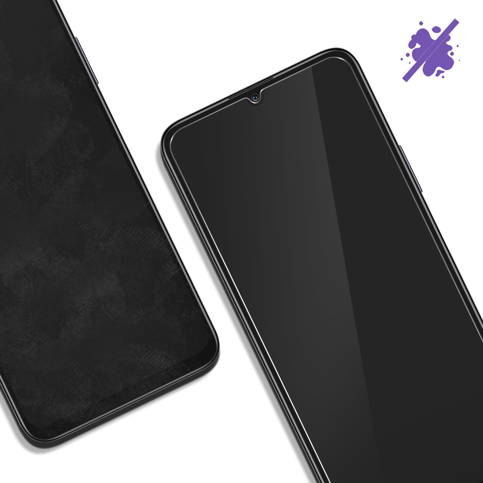 Due telefoni. Uno con schermo sporco, l'altro pulito. Visibile un'icona viola di spruzzo.