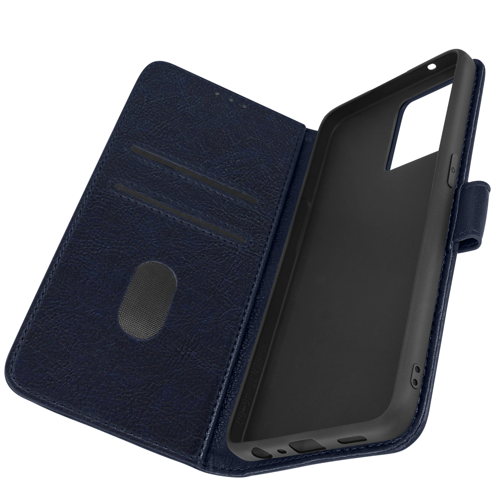 Custodia per telefono in pelle blu, aperta. Contiene porta telefono e scomparti per carte. Interno nero.